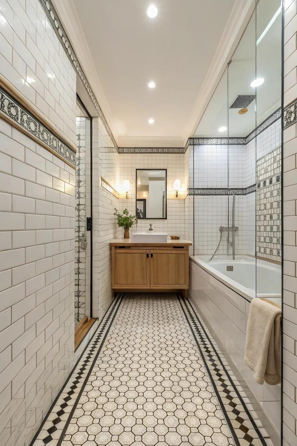 Consistent tile flow cultivates a harmonious and vast bathroom ambiance.