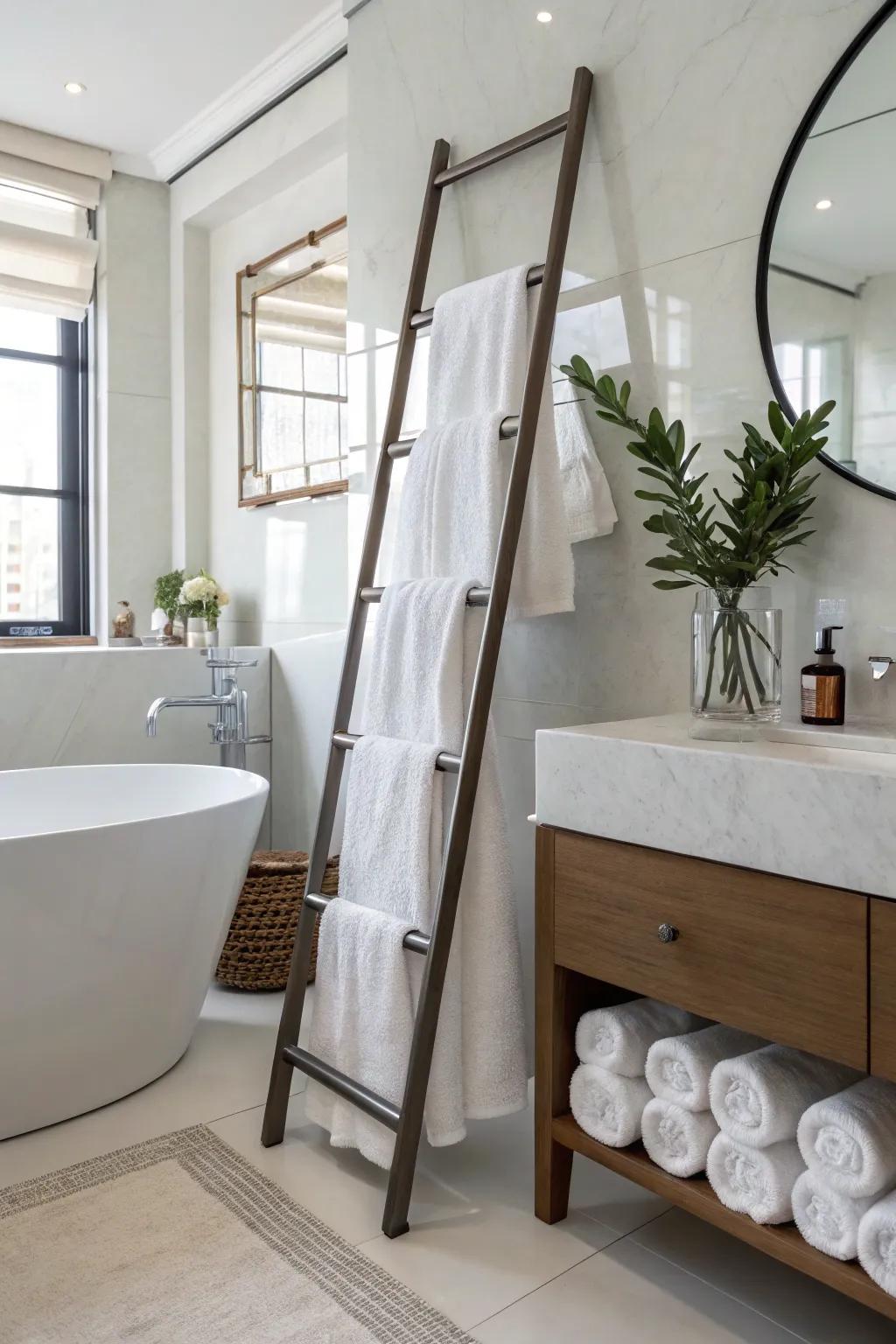 Incorporate a modern touch with a space-saving towel ladder.