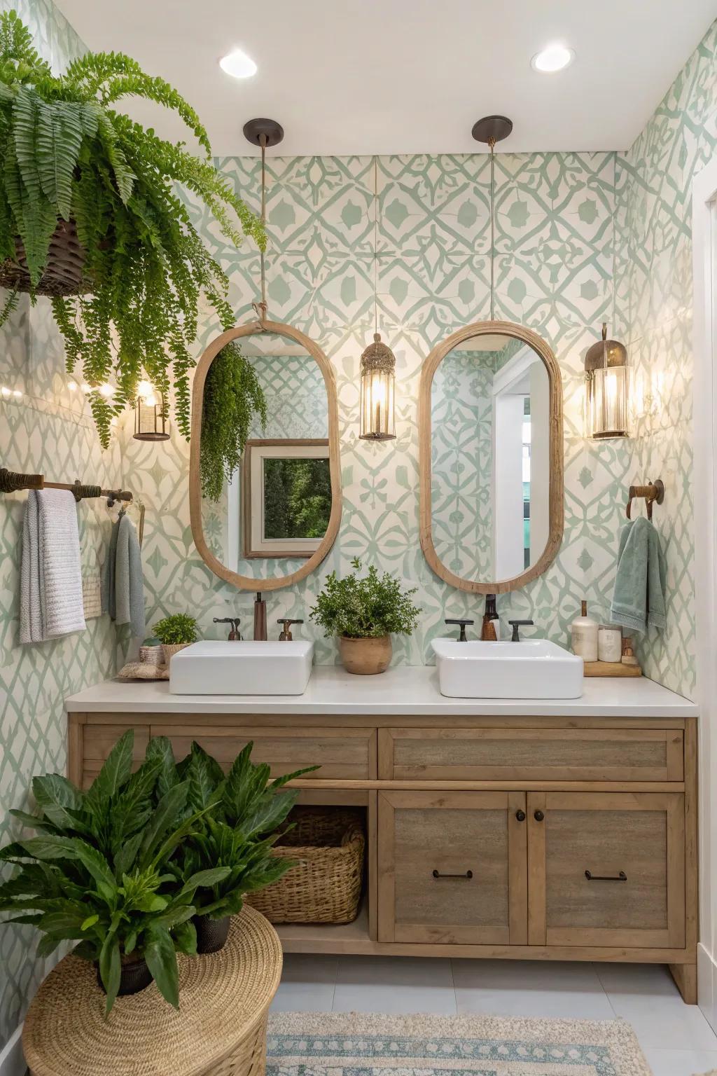 Achieve a harmonious look by matching your wallpaper with bathroom decor.