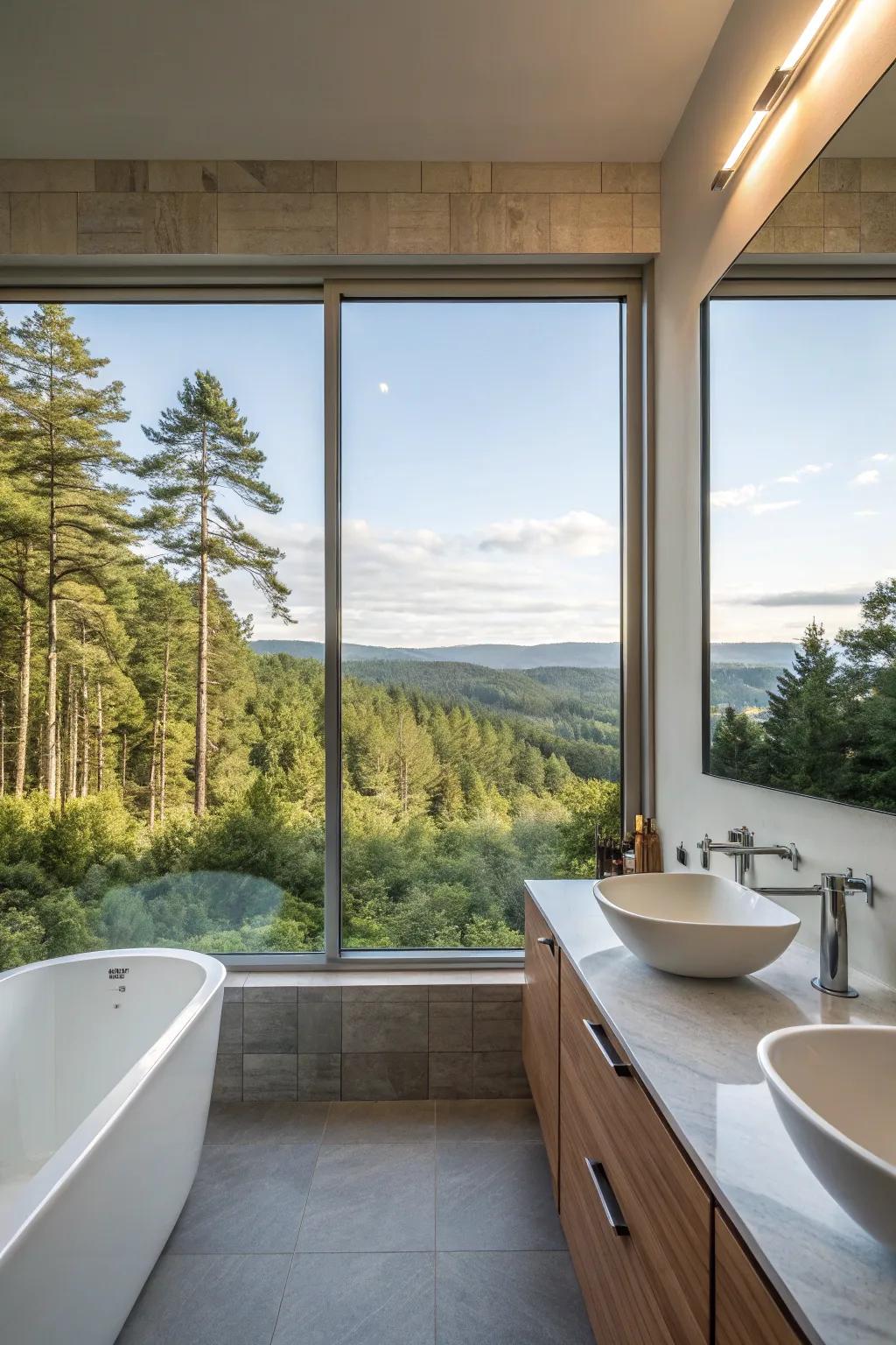 Clear windows framing breathtaking vistas in the bathroom.
