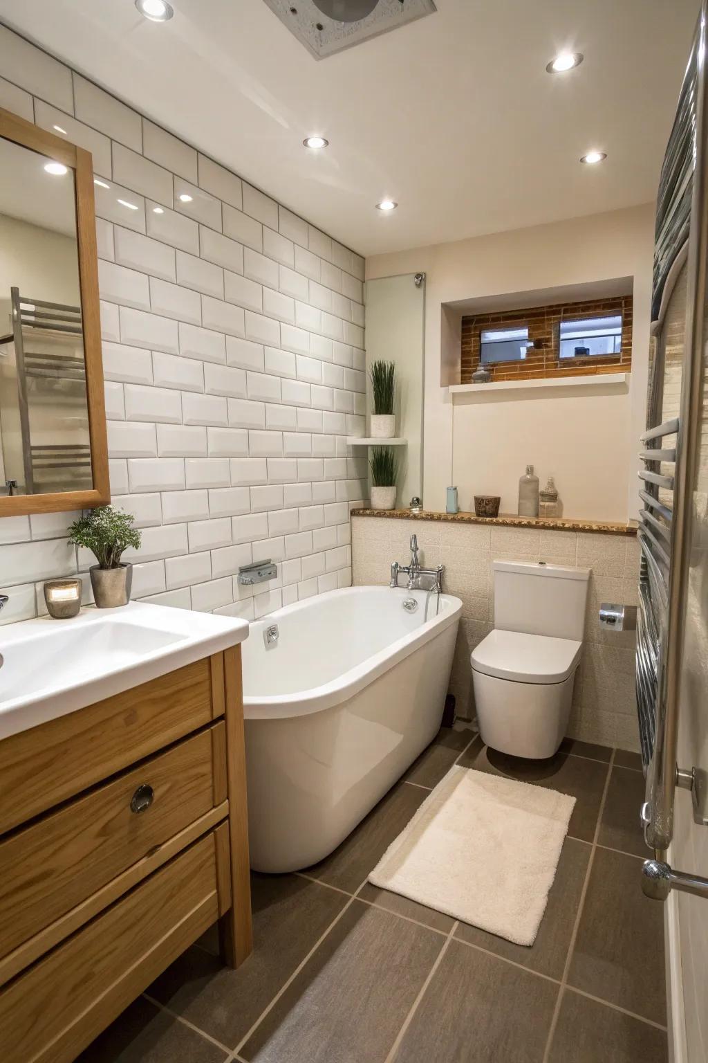 A small yet stylish bathroom exhibiting a streamlined stand-alone tub.