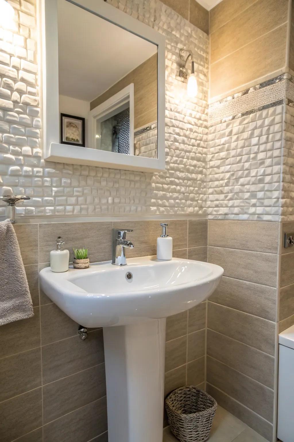 Embossed stoneware infuses dimension and allure into your bathroom.