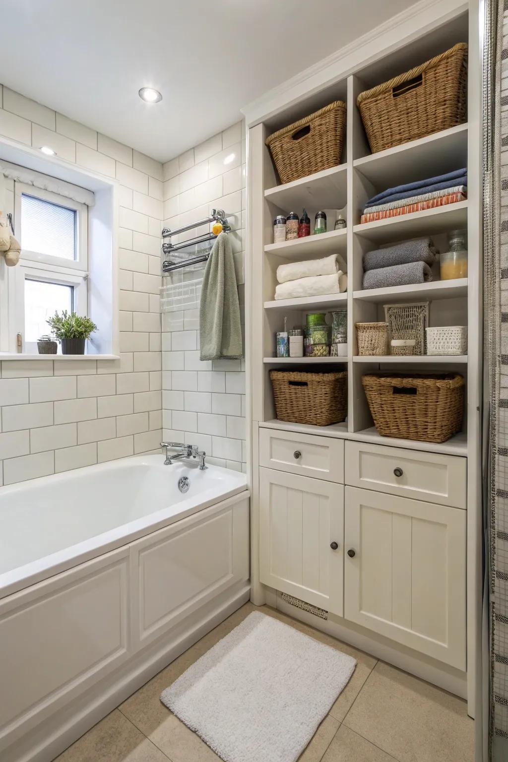 A compact layout with built-in storage maximizes space near the tub.