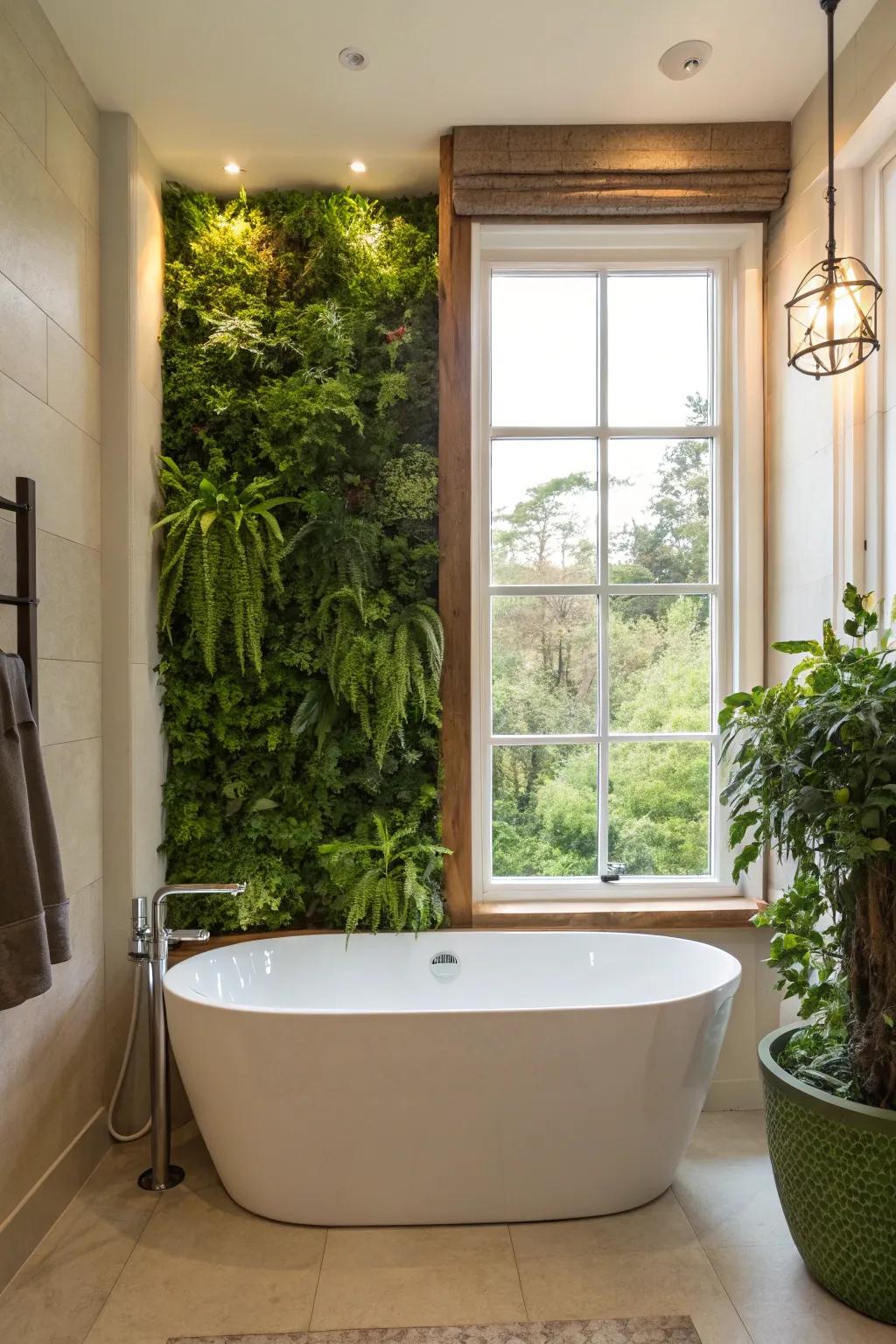A green wall adds a lively touch to the bathroom.