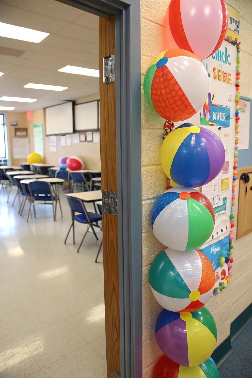 Classroom door that is energized using eye-catching beach ball decorations.
