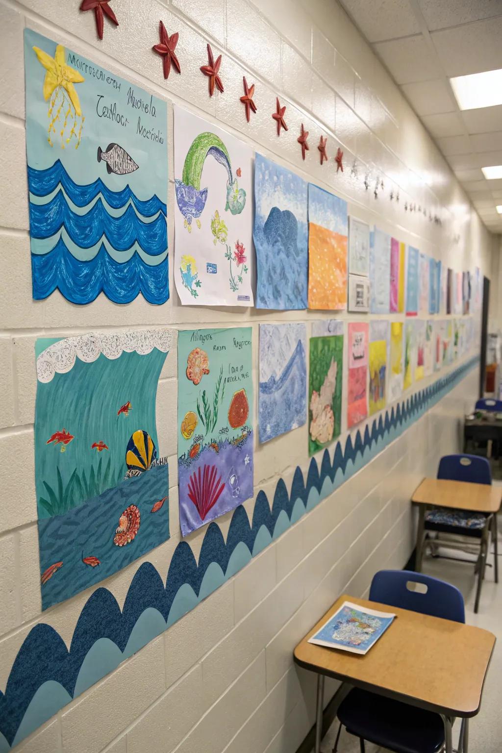 An art wall featuring sea-inspired student creations adding a personal touch to the classroom.