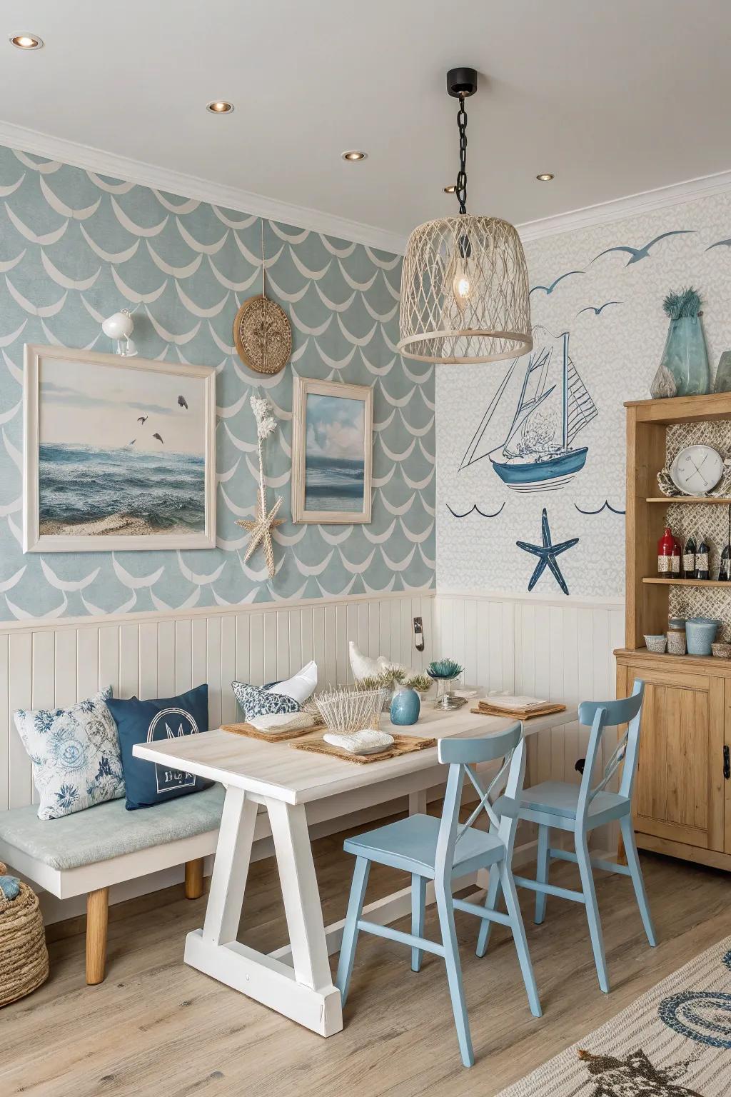 Transform your space using beach-themed wallpaper for a coastal ambiance.