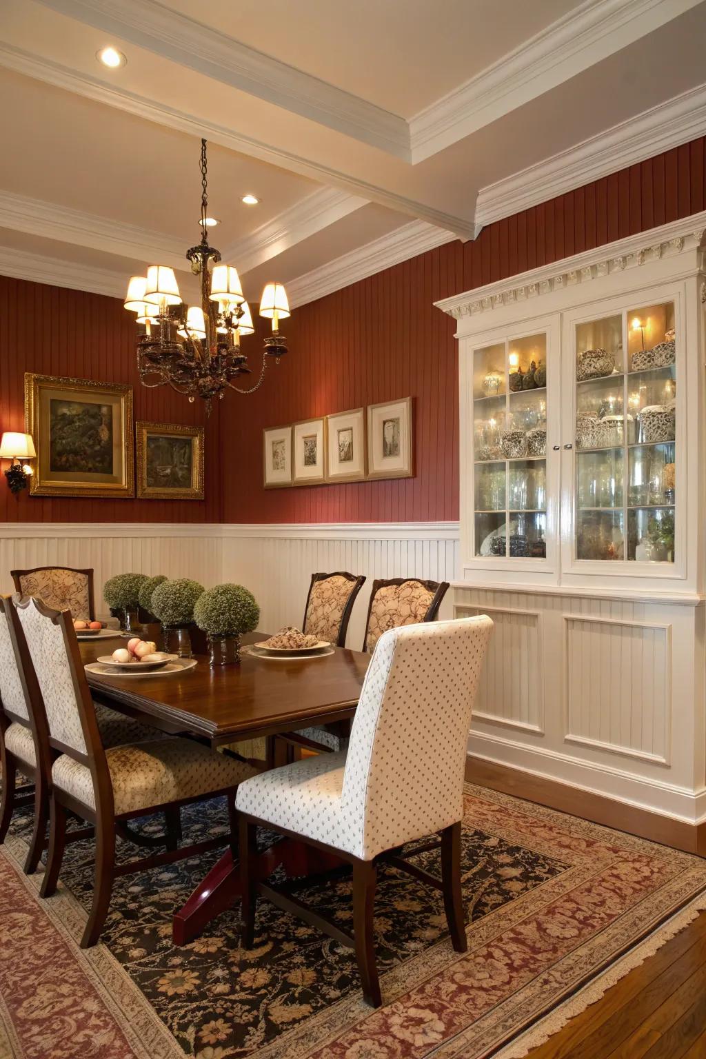 An elegant dining room featuring plank panel walls in a bold color.