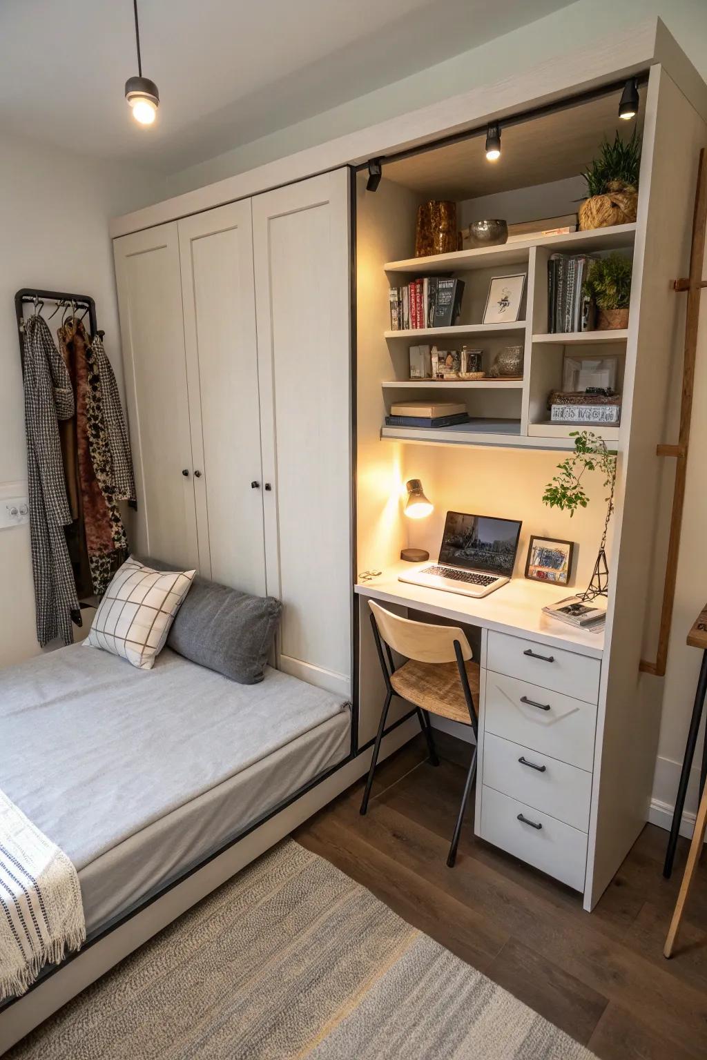 A collapsible desk enhances functionality in your closet bed area.