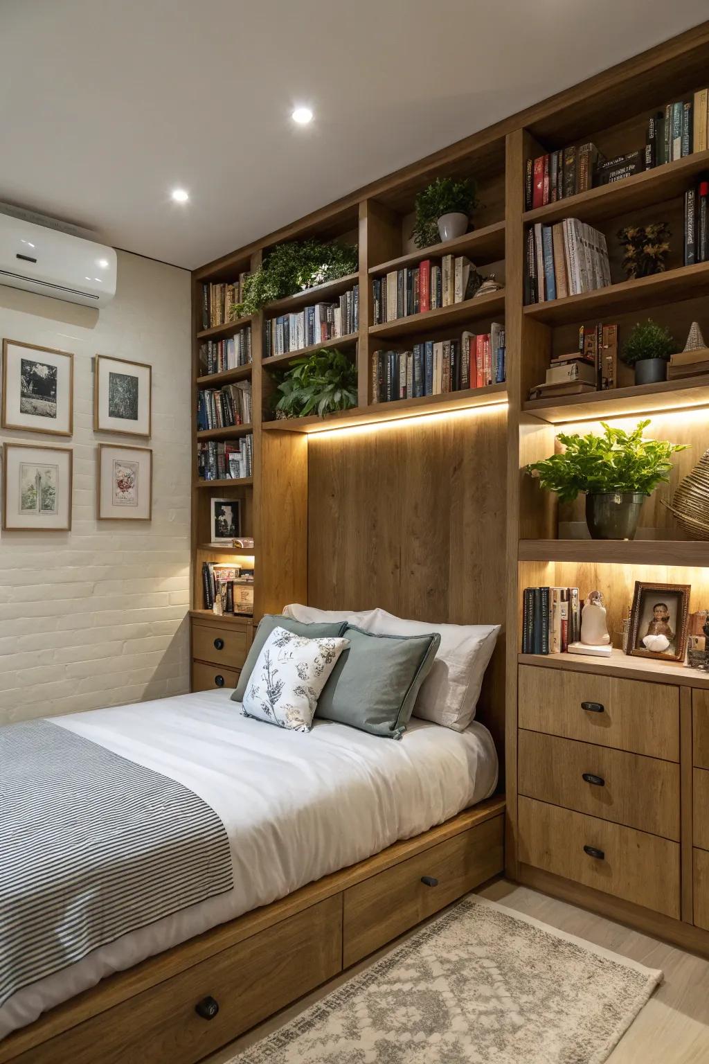 Bookshelves add functionality and charm to a corner bed.