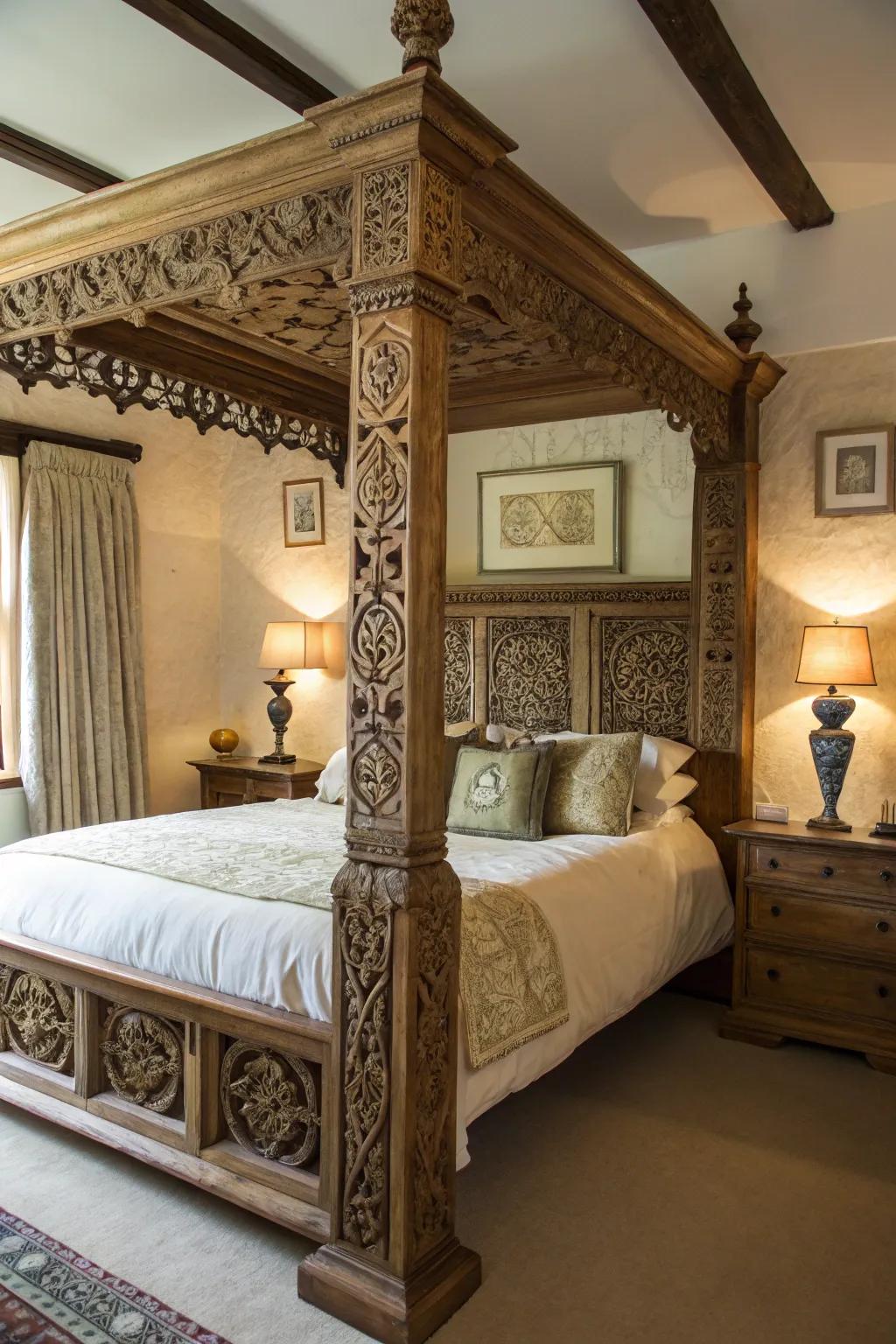 Detailed carvings on bedposts add grandeur and historical charm.