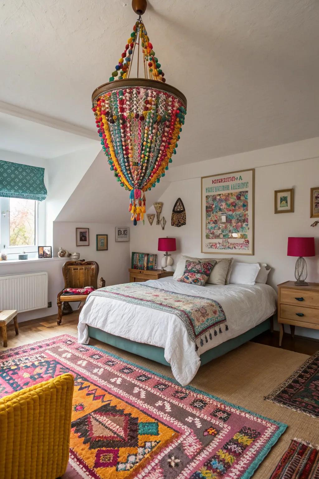 Ornate chandeliers enrich bedroom decor with a playful nuance.