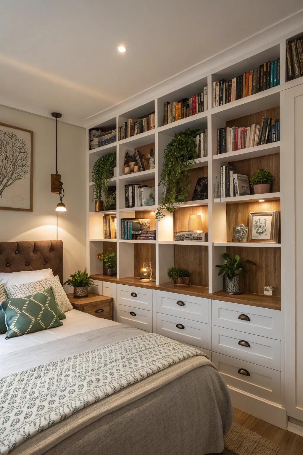 Built-in shelves allow for maximized storage while maintaining a tidy appearance.