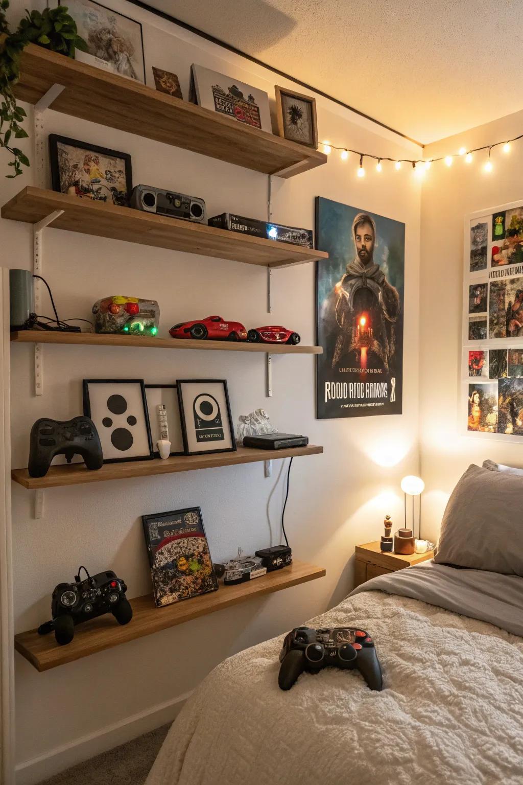 Hanging shelves display collectibles with sophistication.