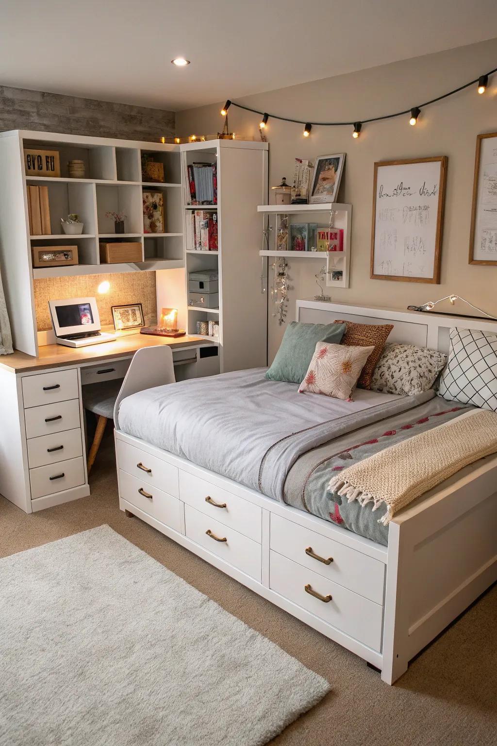 Versatile furnishings optimize space and add style to this modern bedroom.