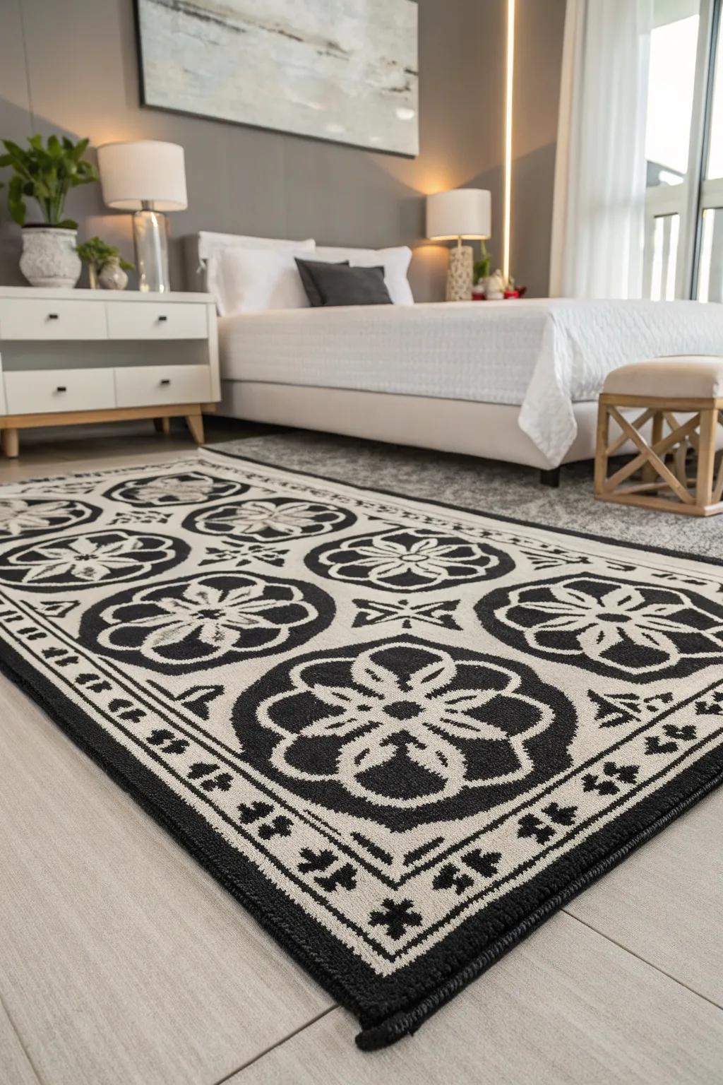 Monochrome carpets provide traditional sophistication.
