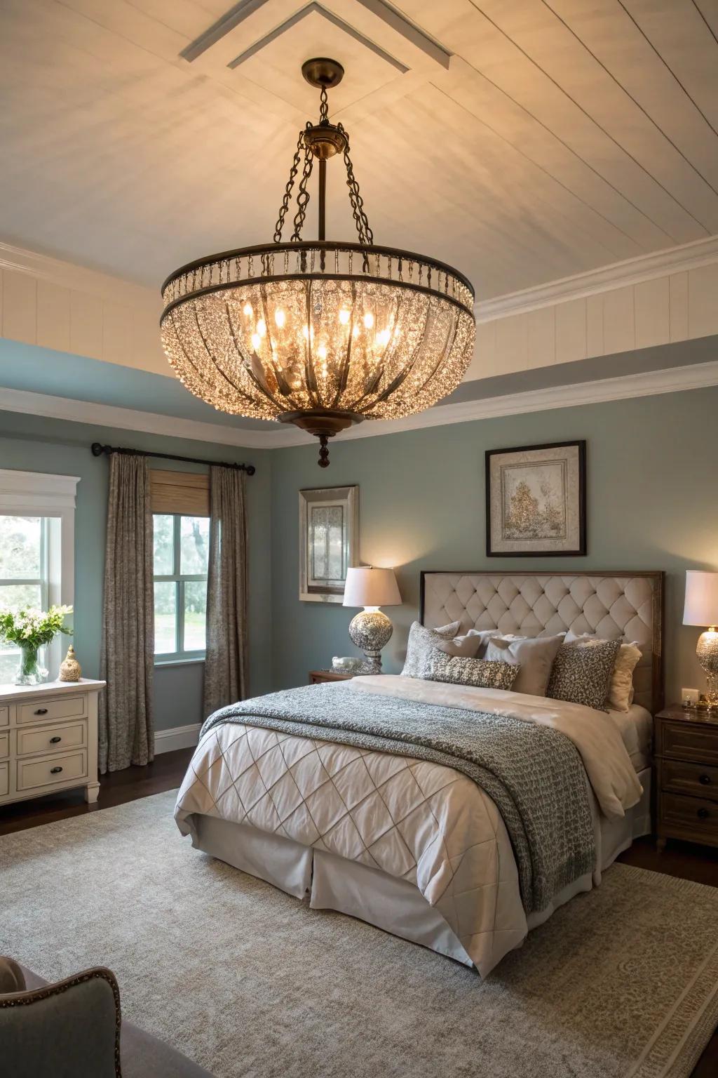 A bedroom highlighted by a striking chandelier.