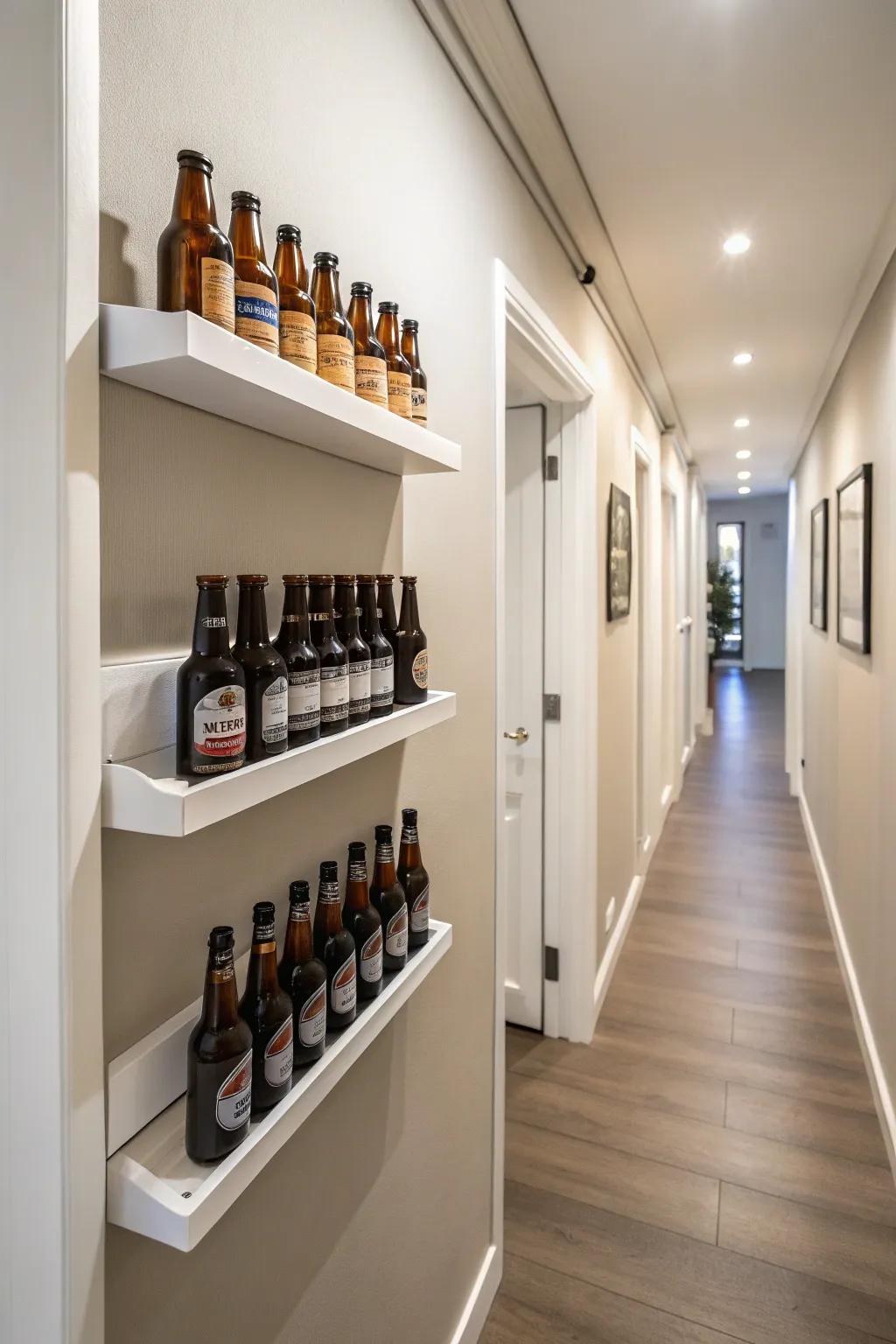 Minimalist wall-mounted ledges with beer bottles in a hallway setting.