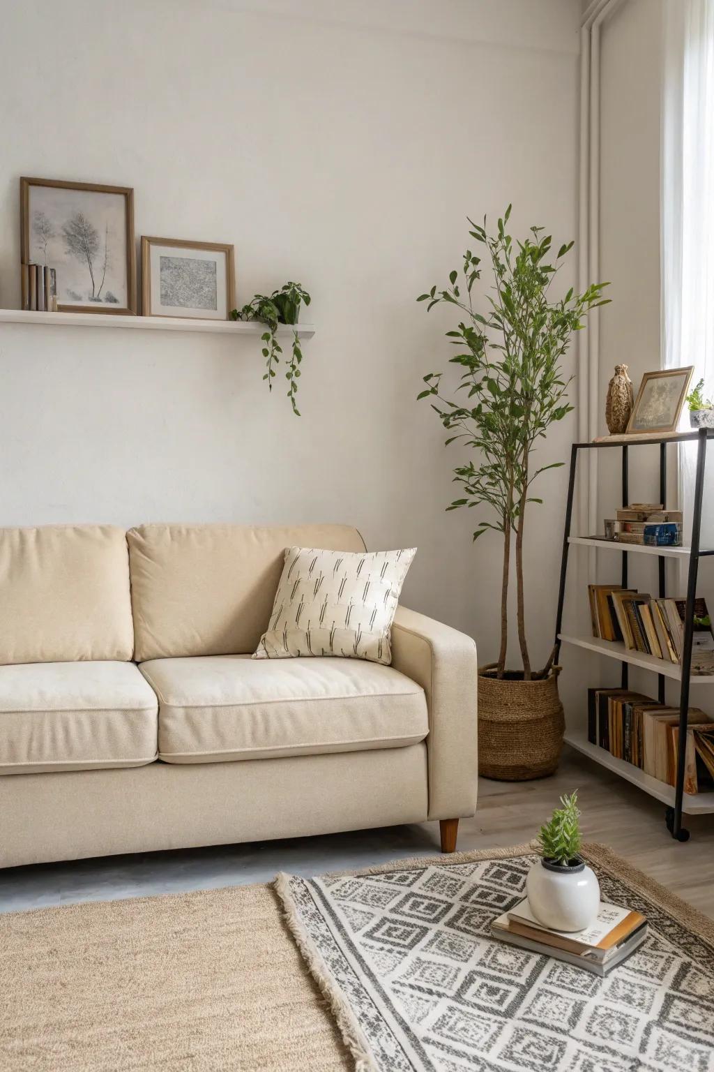A minimalist living room featuring a sand-toned sofa exudes simplicity and calm.