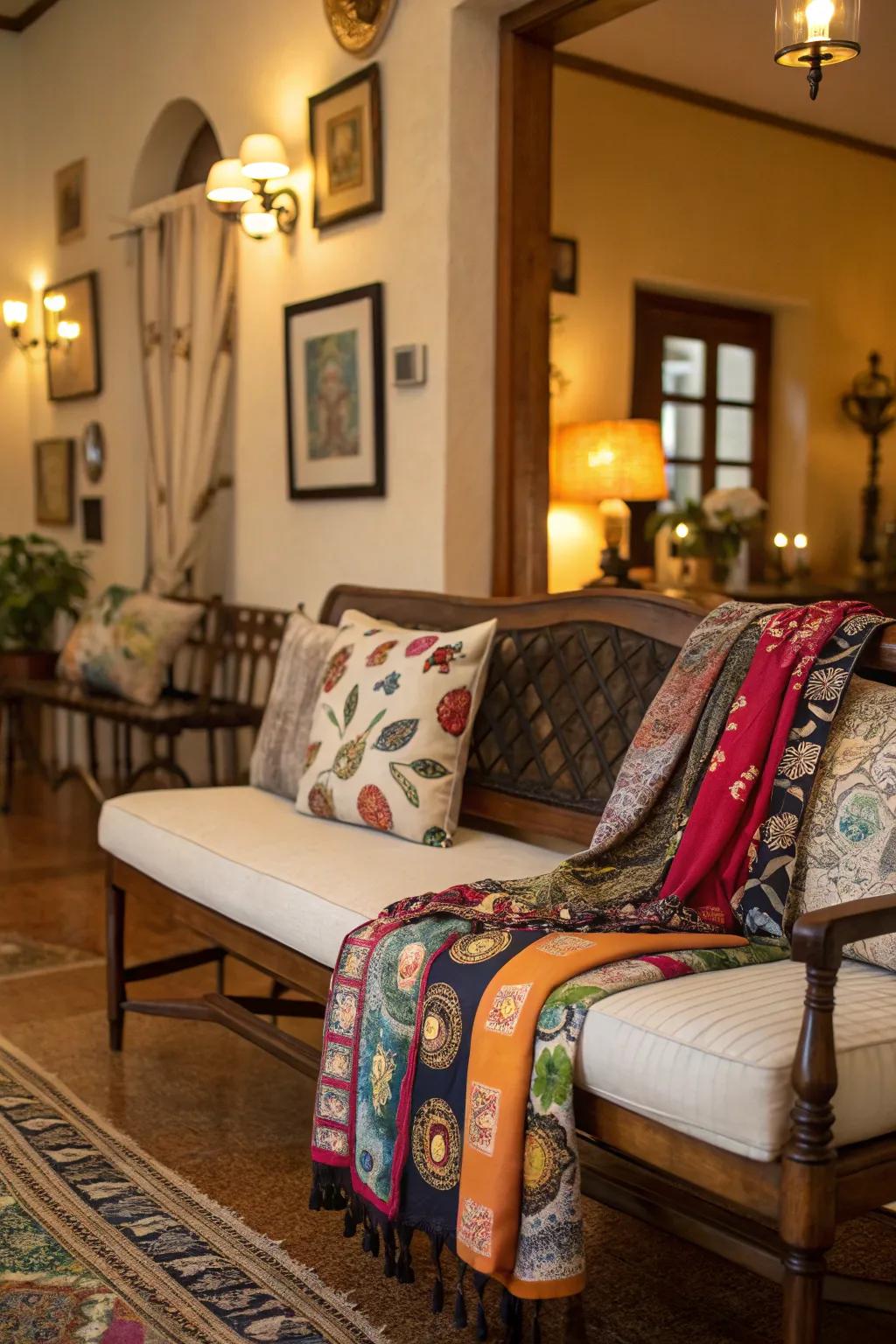 DIY cushions crafted from antique fabrics provide a personal touch.
