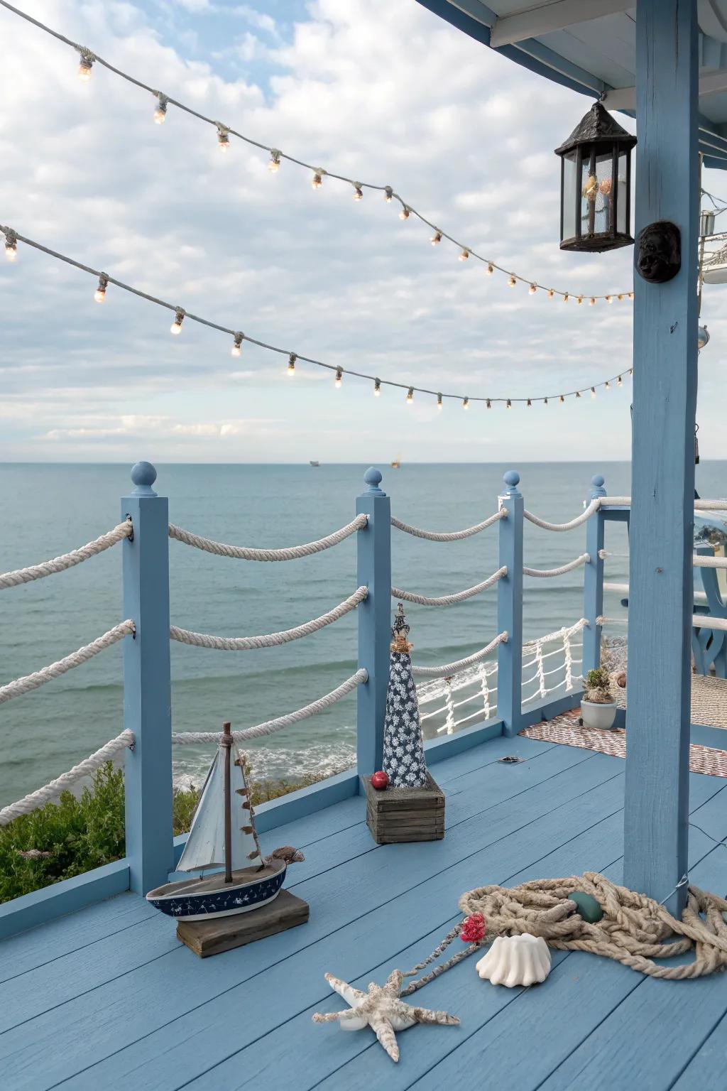Slate blue decks offer a cool and stylish coastal vibe.