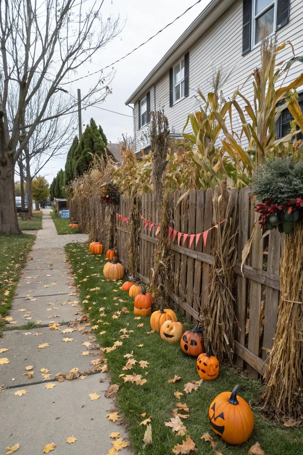 Maize stalks add a rural touch to Halloween yard decor.