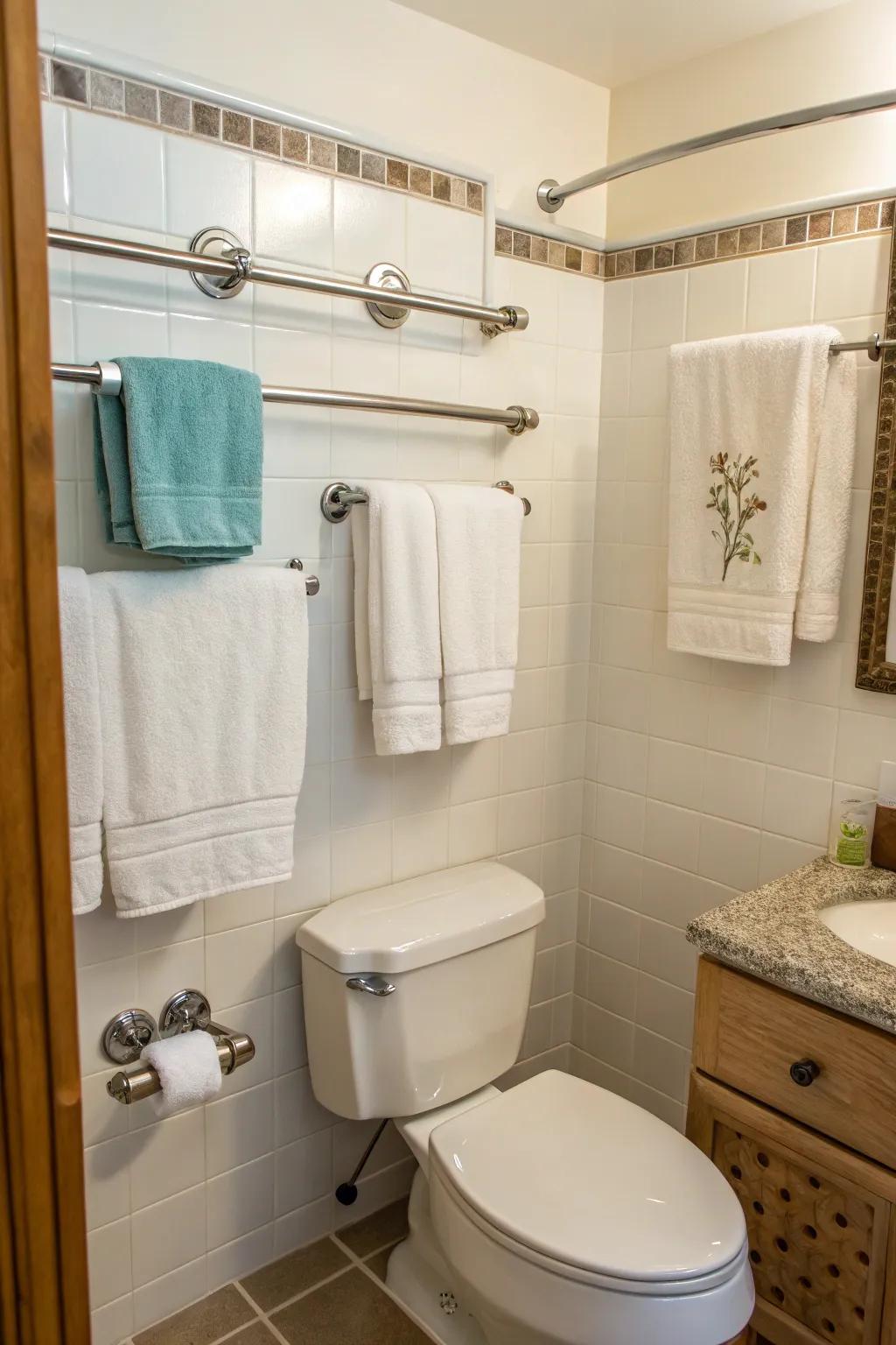 Towel bars and hooks maximize vertical space for added convenience.