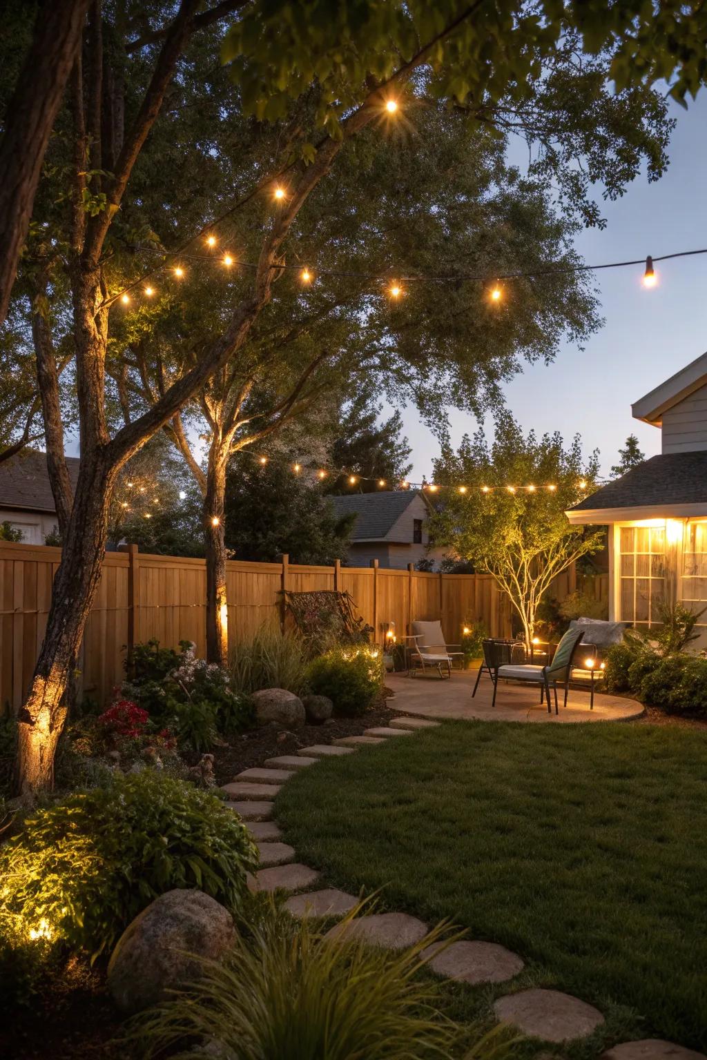 Outdoor lighting enhances both safety and ambiance after dusk.