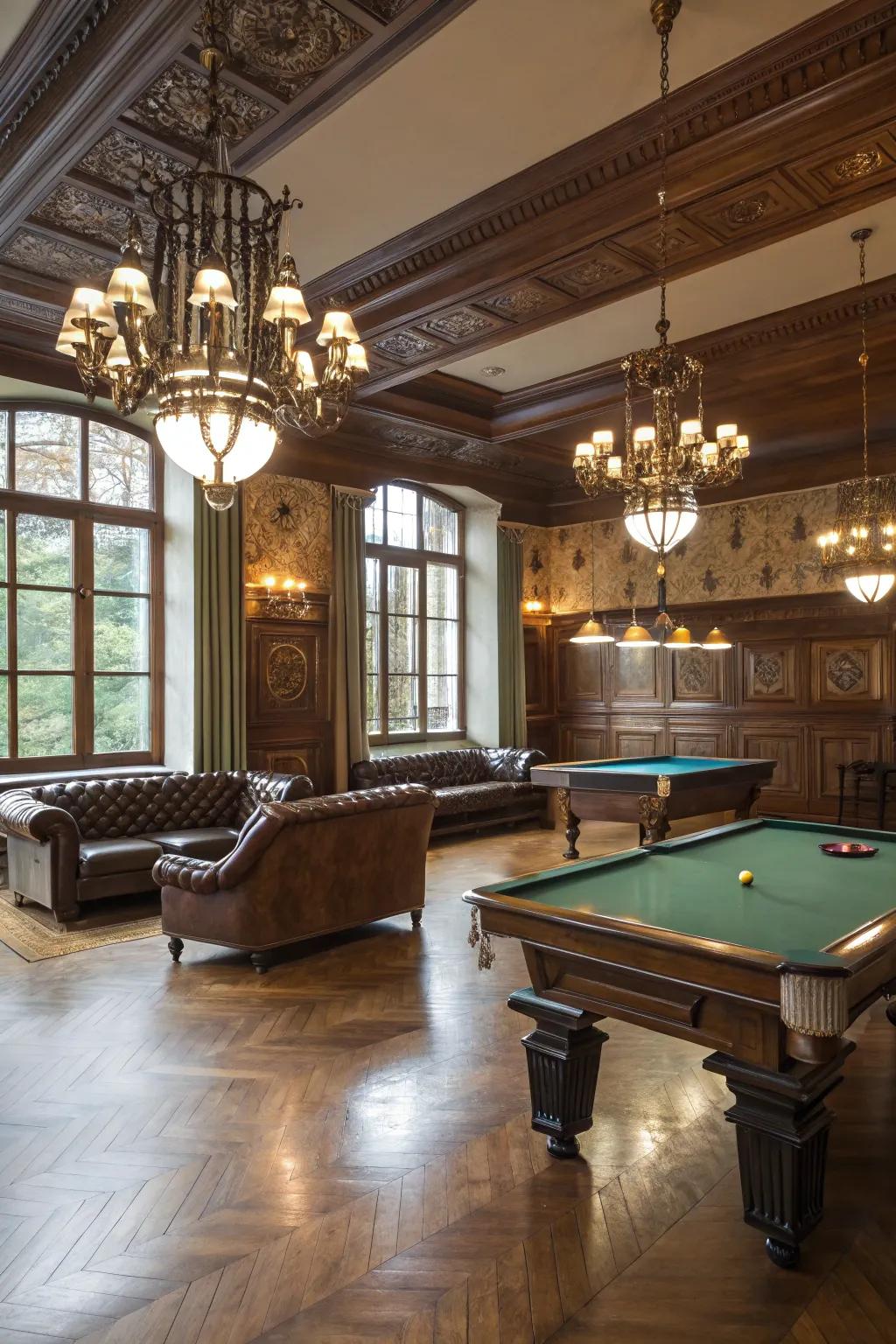 Elegant solid wood flooring enriches the aesthetics of a billiards space.