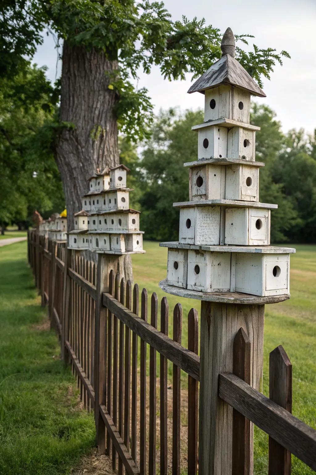A layered arrangement of bird homes crafts a theatrical display on the fence.
