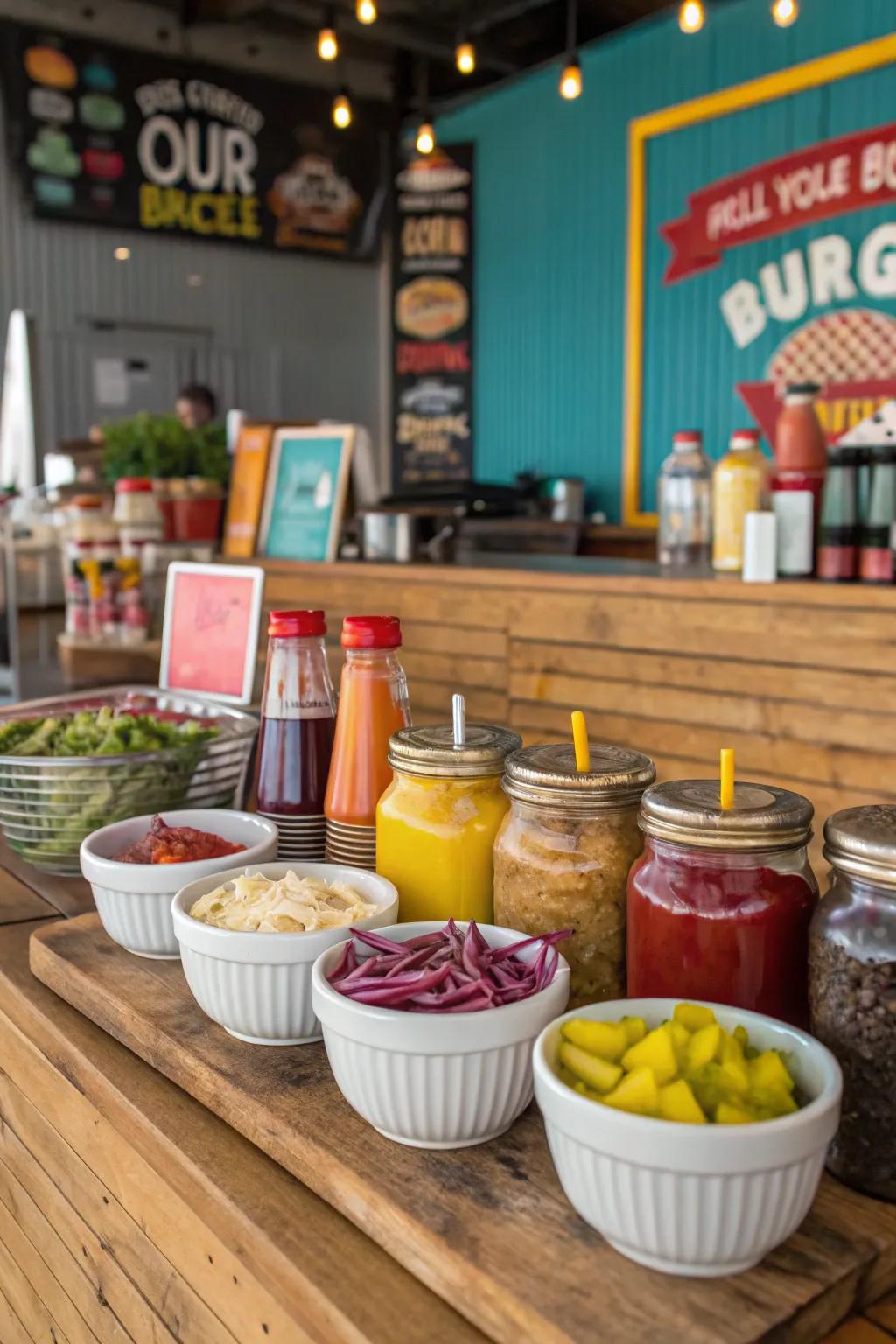 An inventive condiment presentation provides charm to the arrangement.