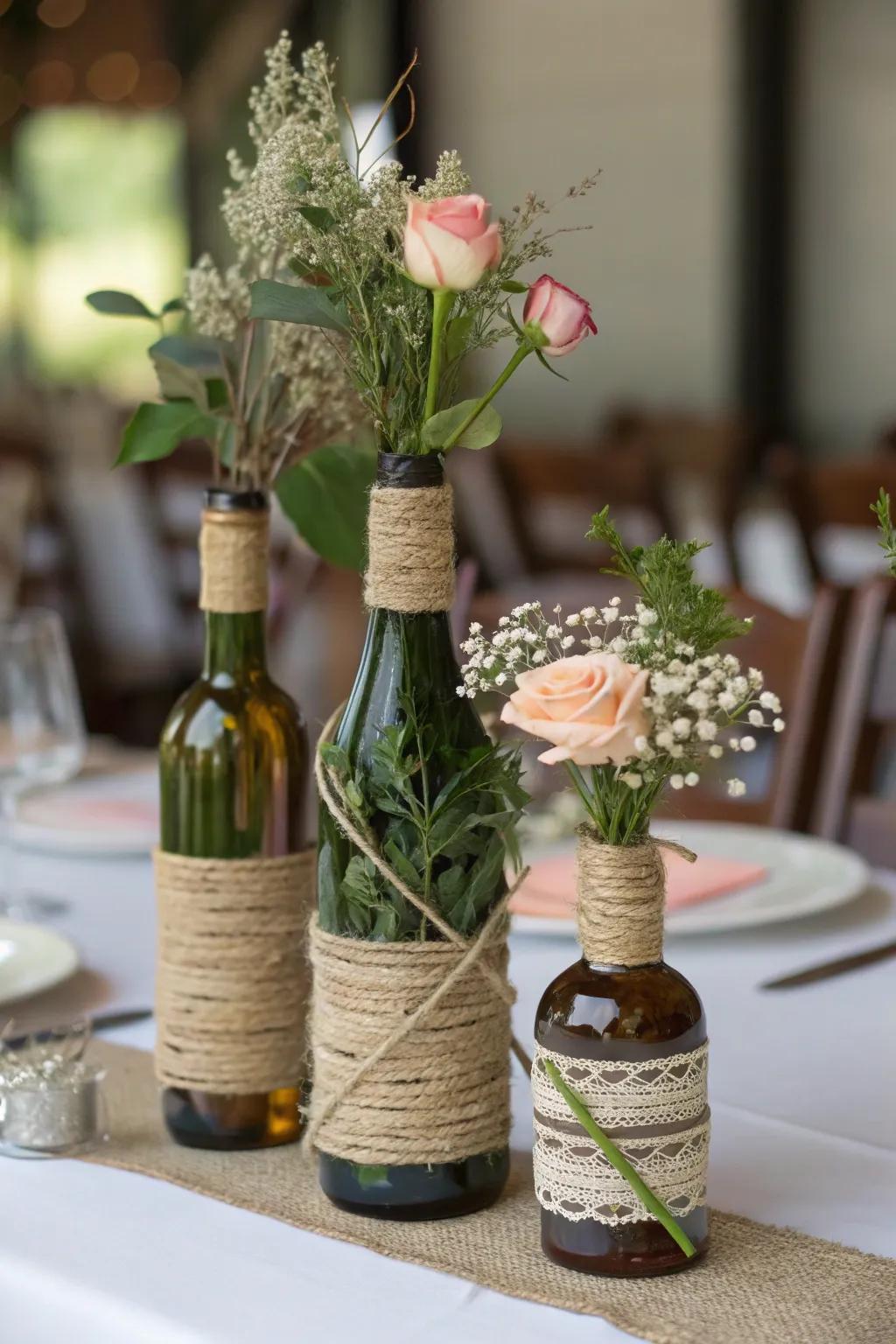 Eco-conscious chic: repurposed bottles introduce charm and sustainability.