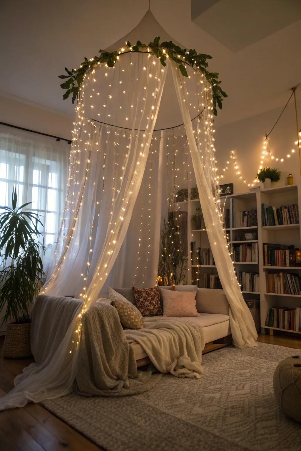 A fairy light canopy adding enchantment to the setting