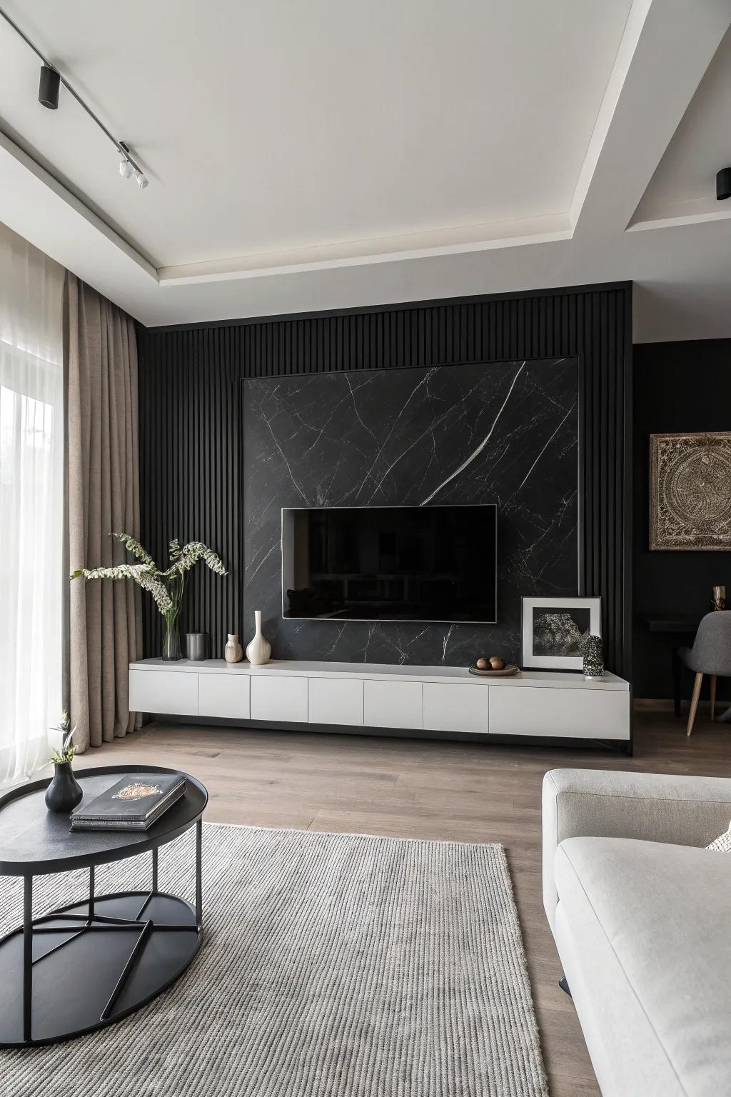 Monochrome decor offers a streamlined, modern contrast on a dark accent wall.
