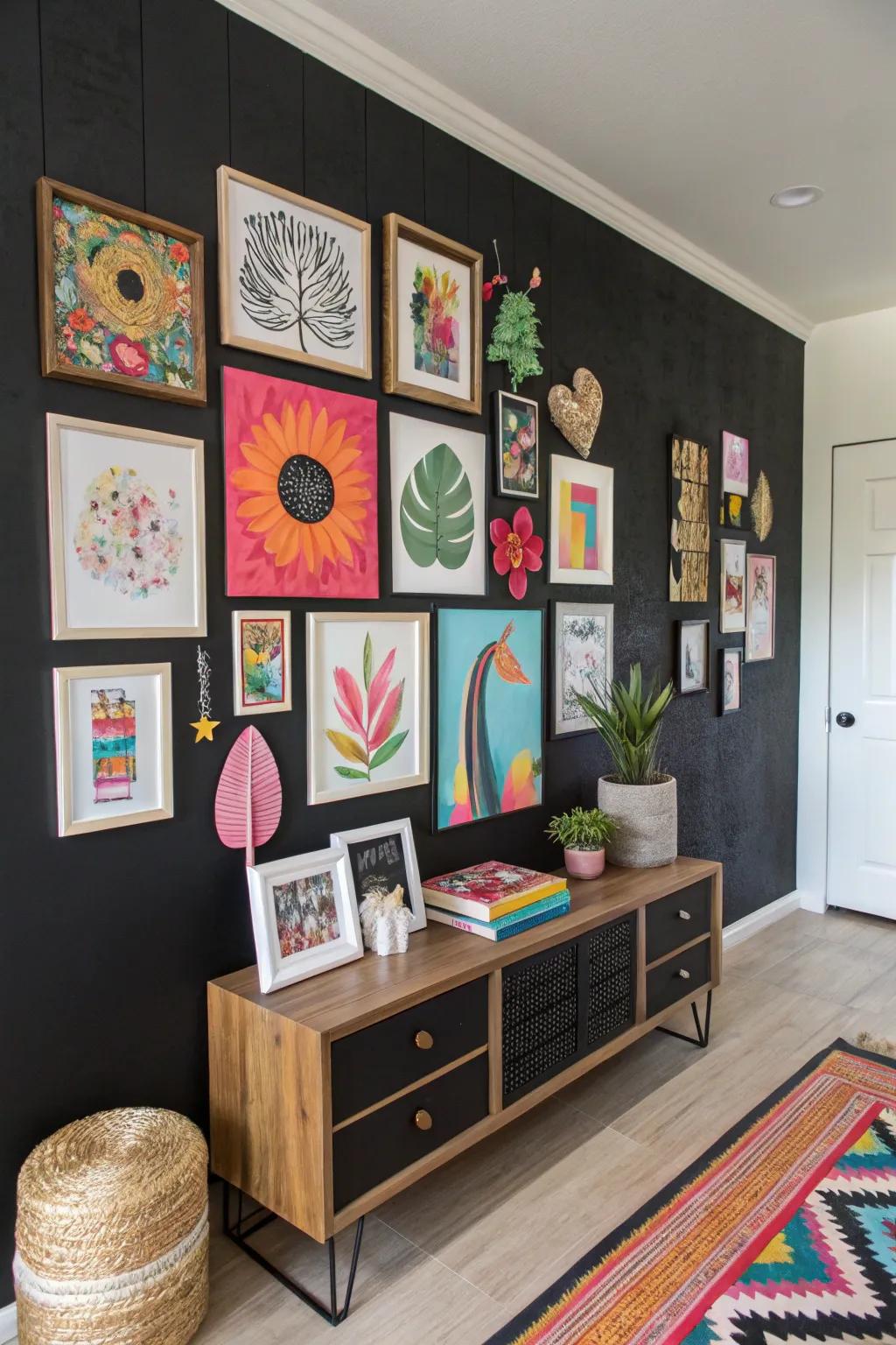 A black accent wall adorned with vibrant artwork, creating a striking visual impact.