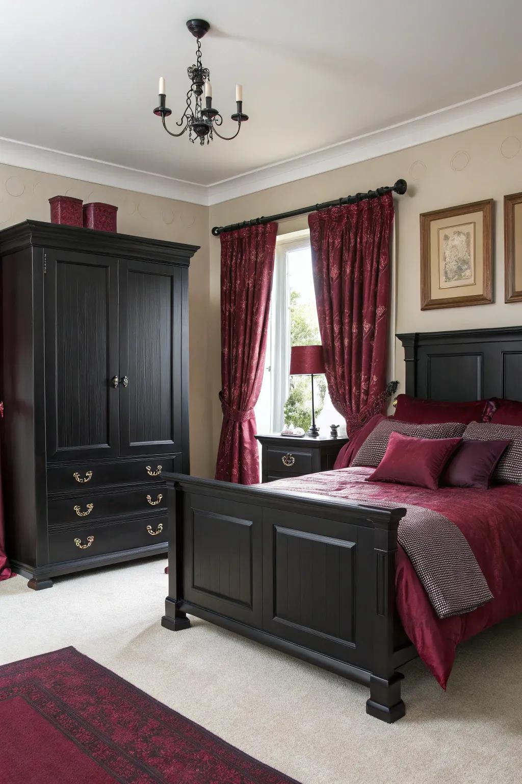 Pairing ebony furniture using maroon accents creates a modern, unified appearance.