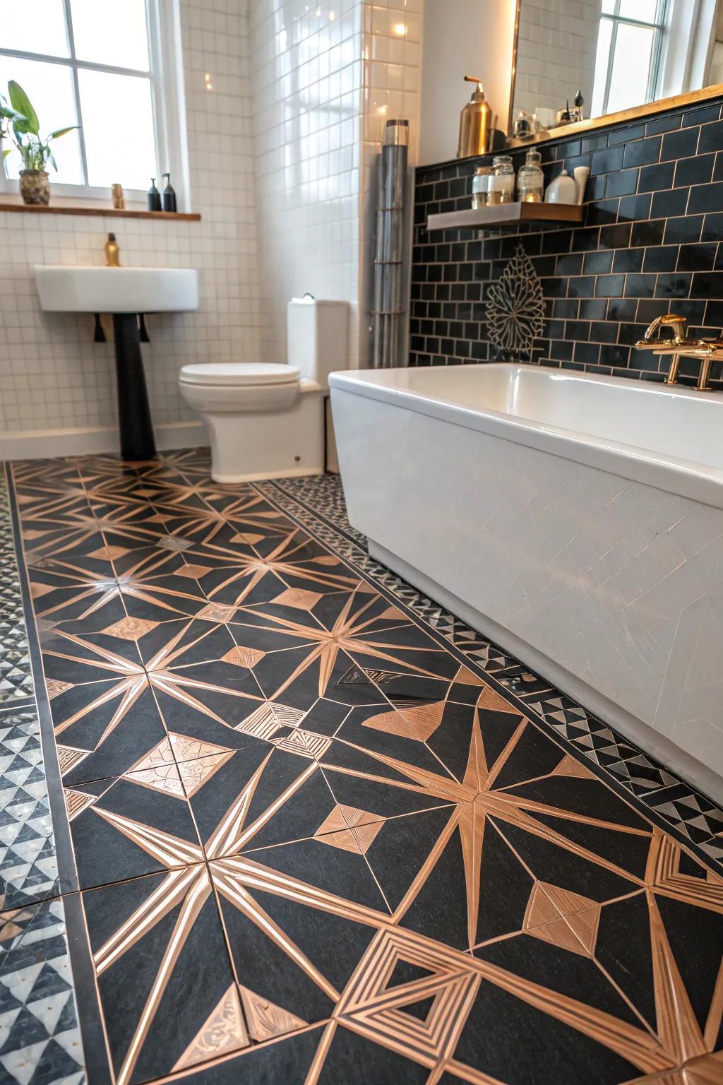 Geometric designs add a bold statement to the bathroom floor.