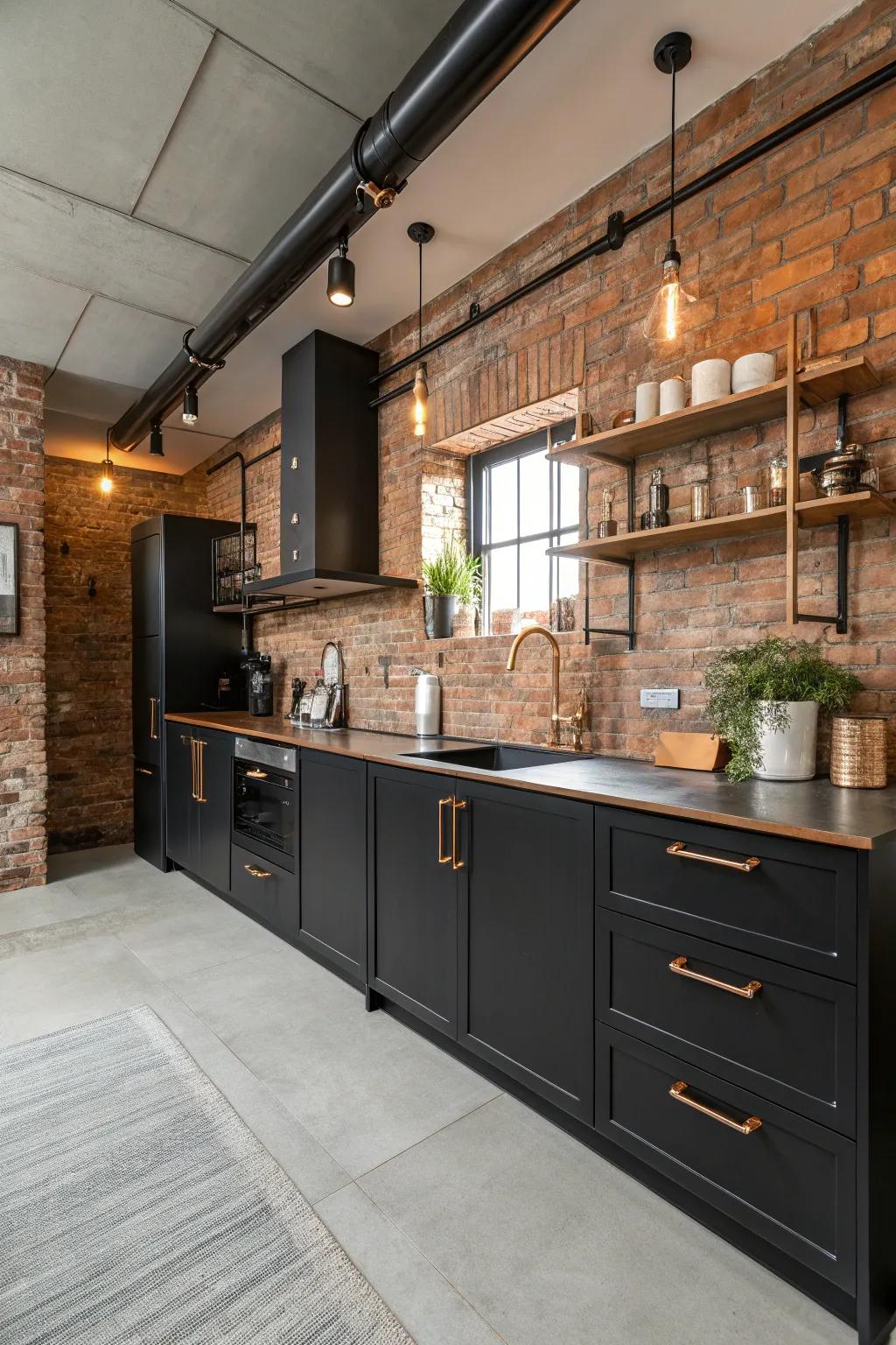 Industrial features give an edgy, urban impression to a black and copper kitchen.