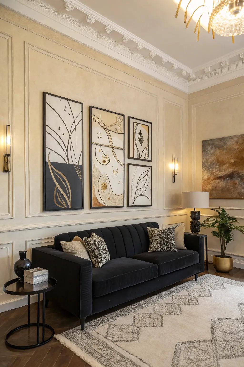 Abstract wall art adds a personal touch to a sophisticated ebony and ivory decor.