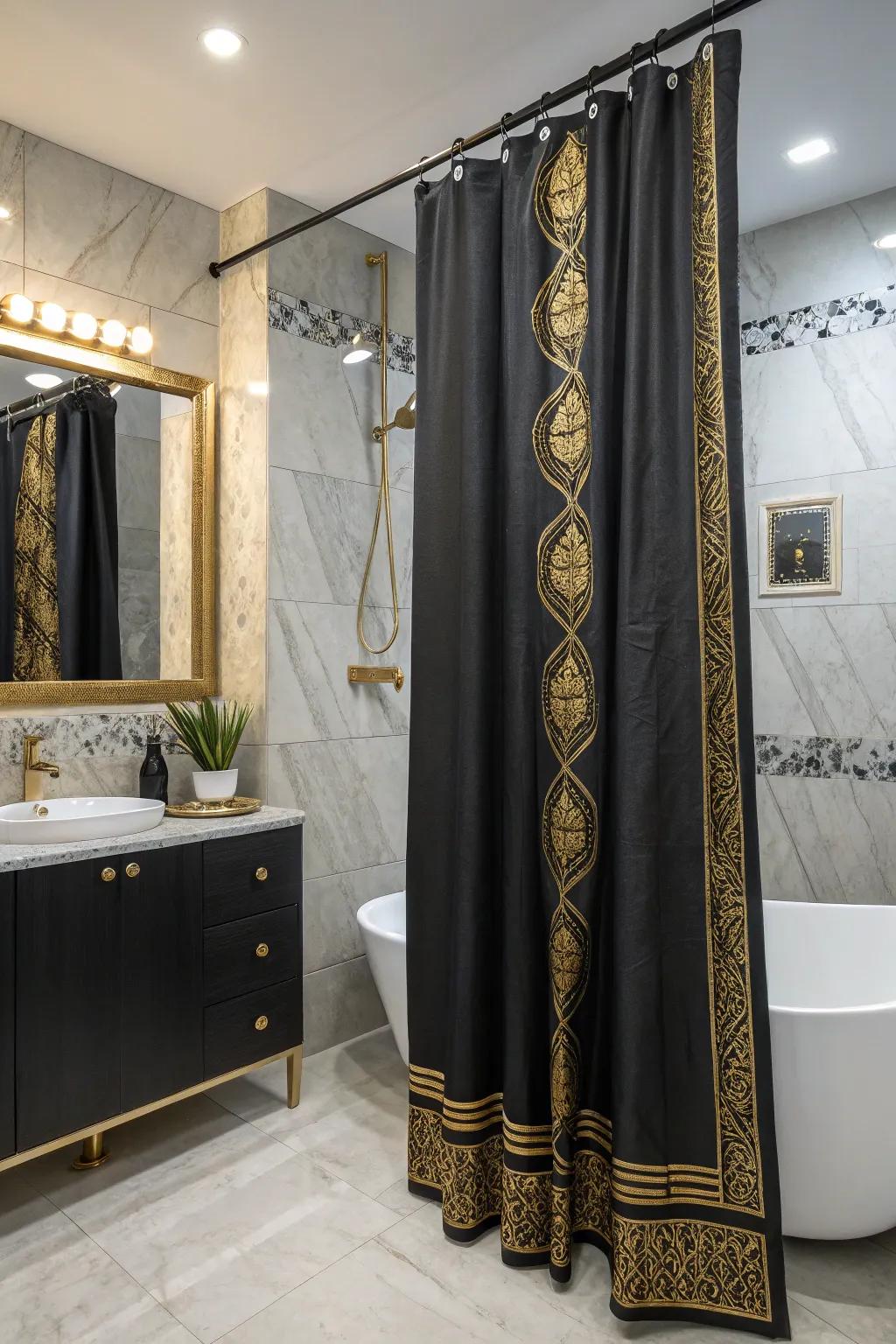 Ebony and gold shower coverings incorporate flair and drama.