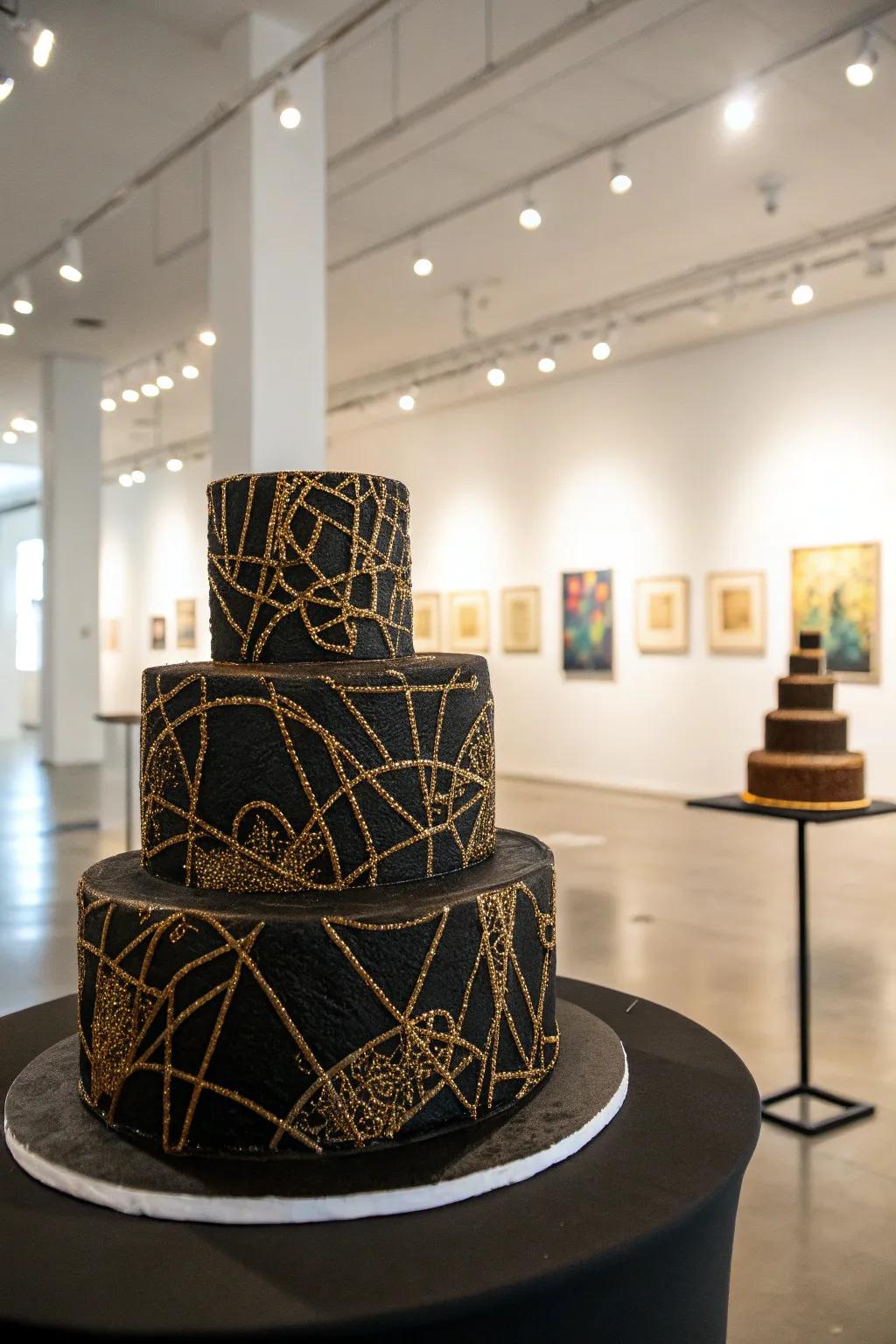Textured gold patterns add an artistic touch to this striking cake.