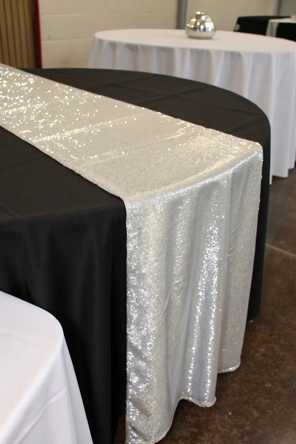A shimmering table covering contributes style and dimension.
