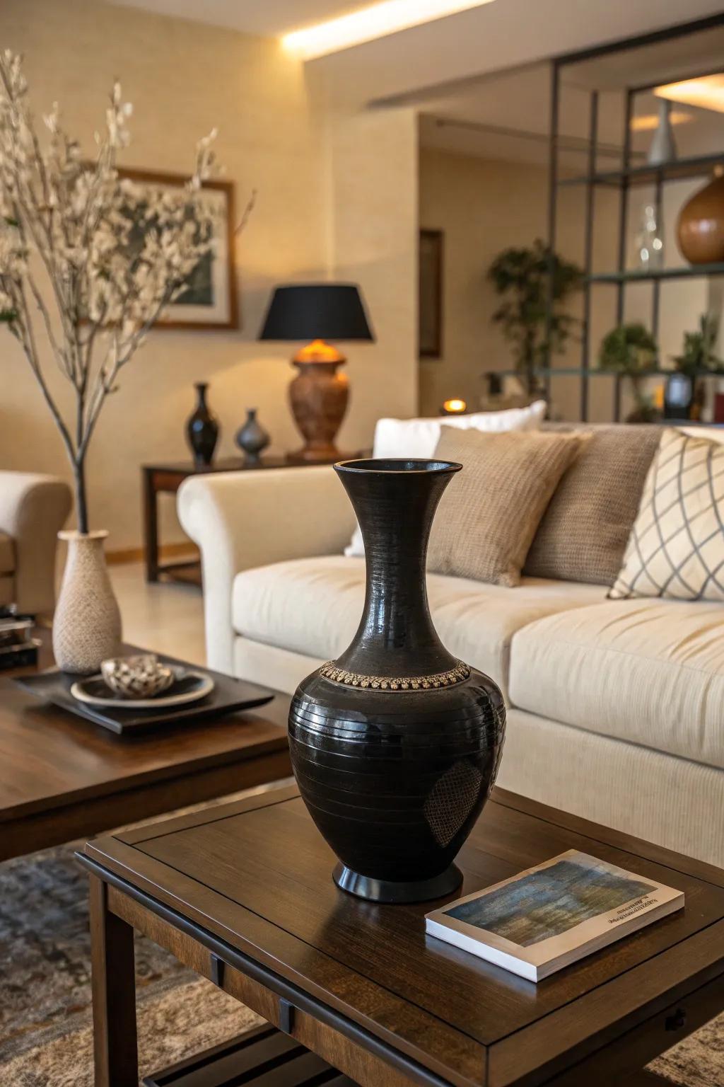 An onyx vase serving as an eye-catching centerpiece in a monochrome living area.