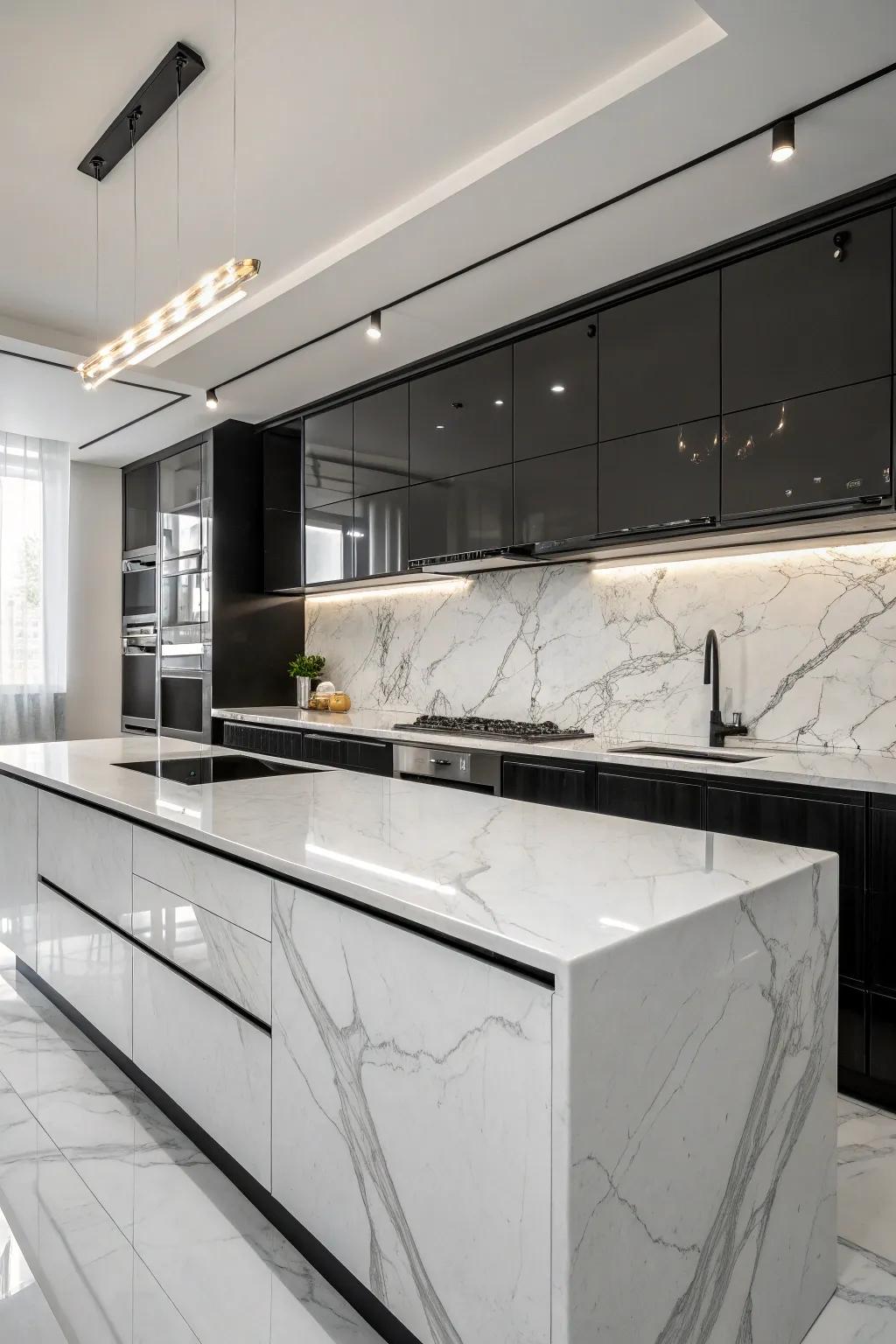 Neutral marble worktops support the black and white design.