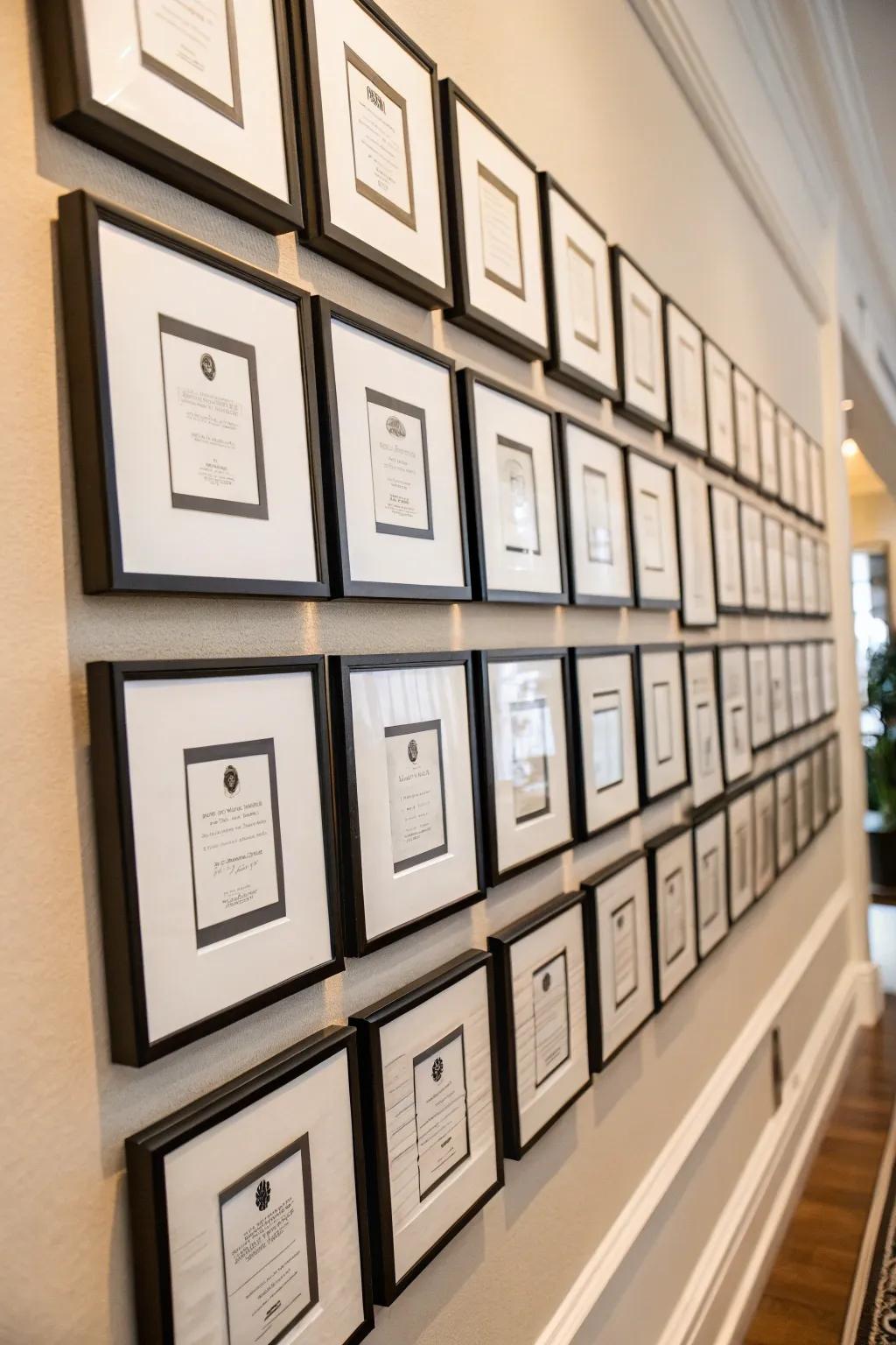 A modern escort card arrangement introduces an artistic touch to the wedding decor.