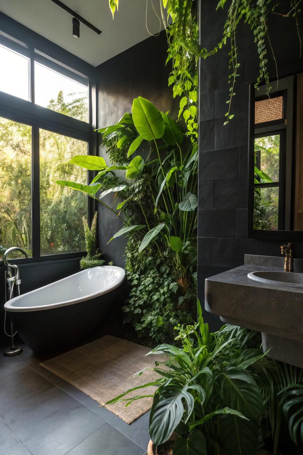 Verdant flora against dark backdrops creates a revitalizing, nature-inspired ambiance.