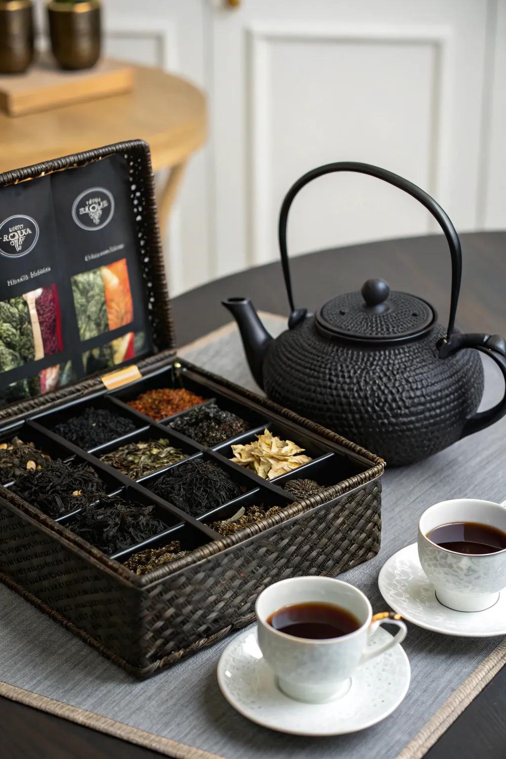 A dark tea-themed basket for a stylish tea time.