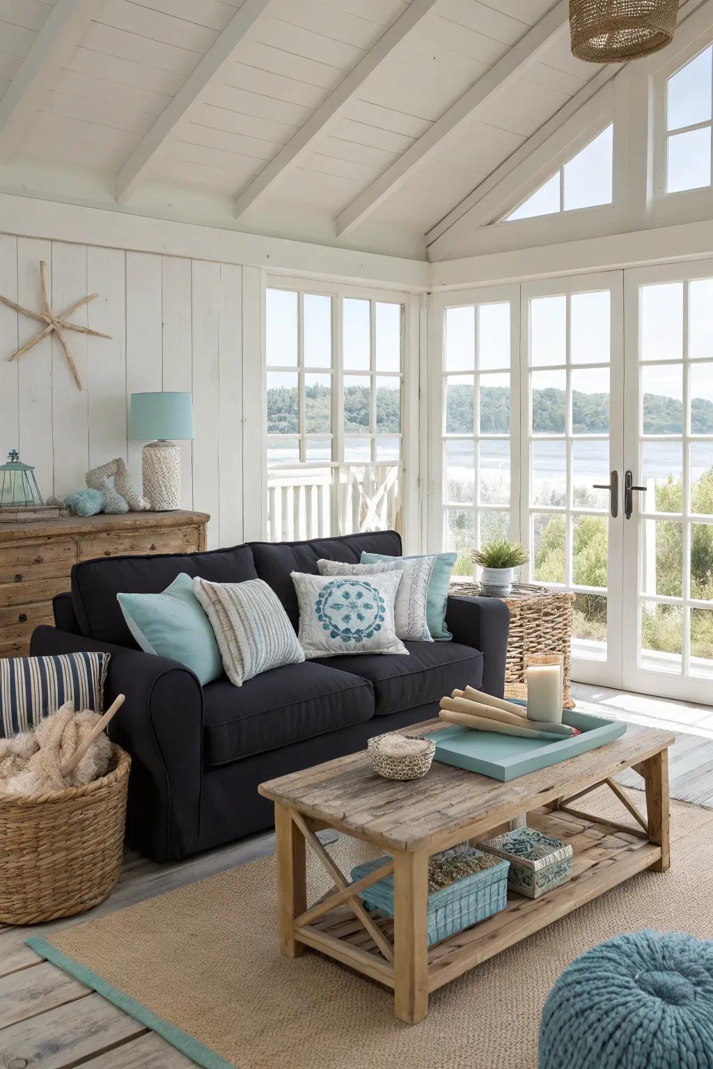 Coastal comfort with a dark-toned sofa.