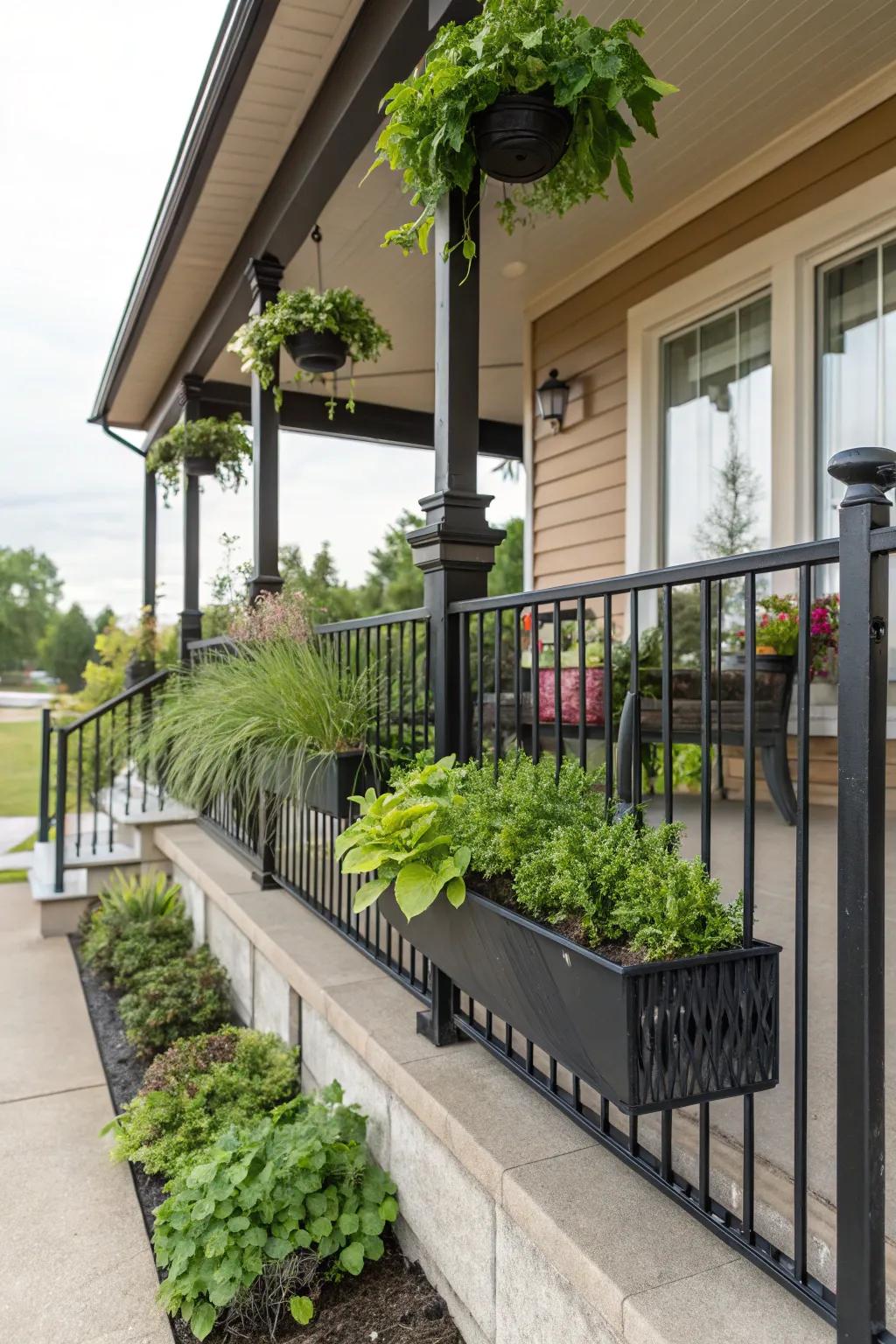 Integrate greenery with railings for a natural porch feel.