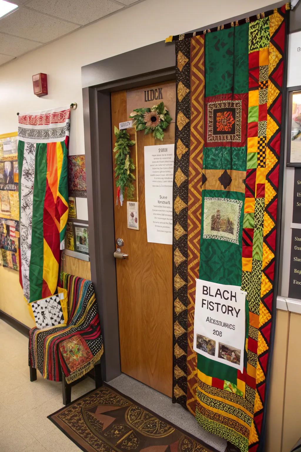 A door showing creative art with fabrics and materials.